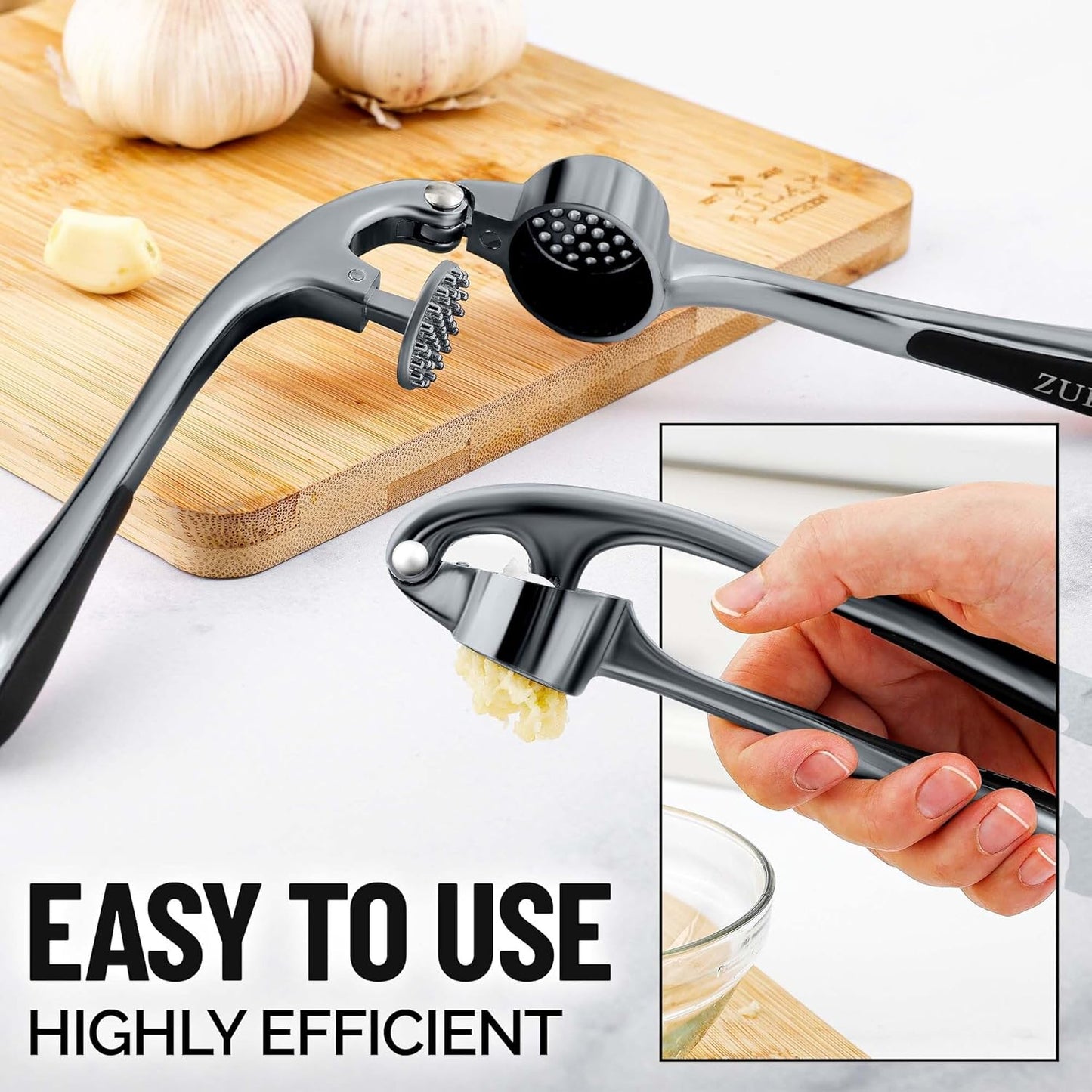 Zulay Kitchen Premium Garlic Press Set - Rust Proof & Dishwasher Safe Professional Garlic Mincer Tool - Easy-Squeeze, Easy-Clean with Soft, Ergonomic Handle - Silicone Garlic Peeler & Brush (Slate)