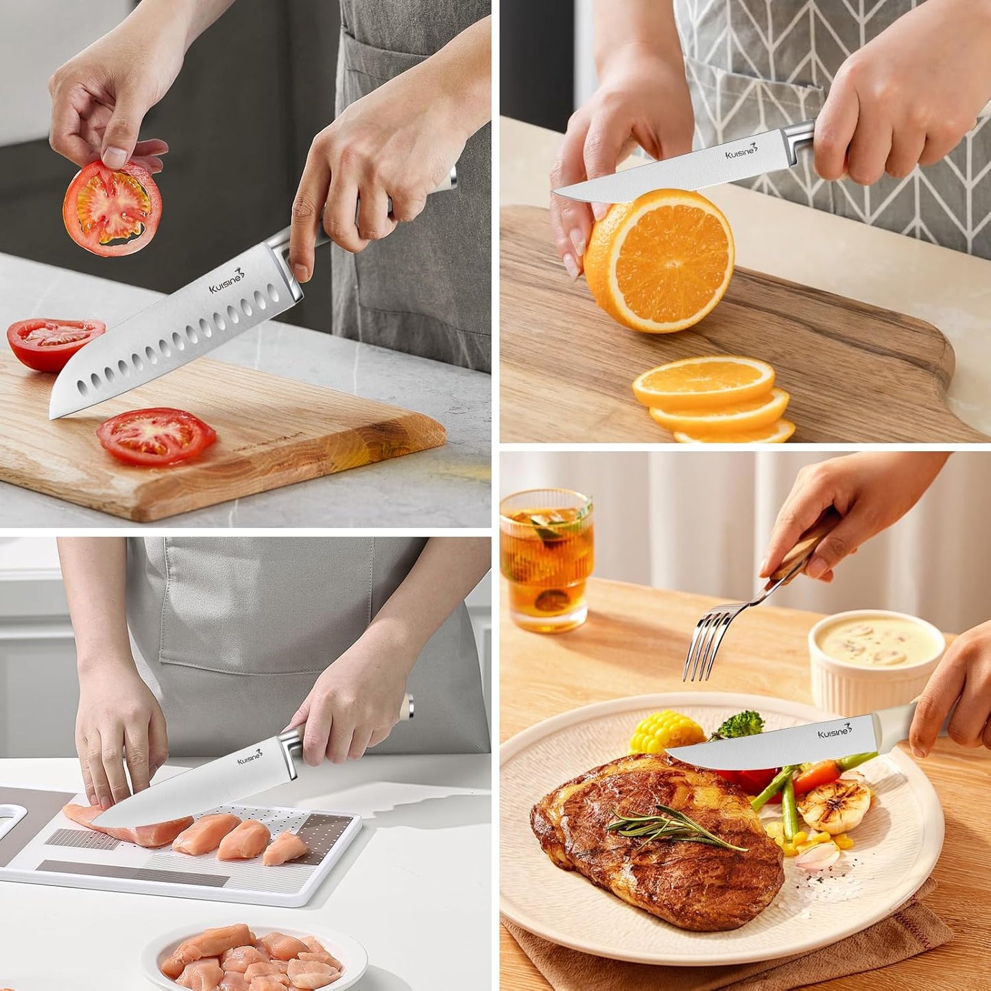 Kuisine Premium Sharp Knife Set,High Carbon Stainless Steel Ergonomic Handle,Knife Block Set with Built-in Sharpener(15PCS,Ivory)