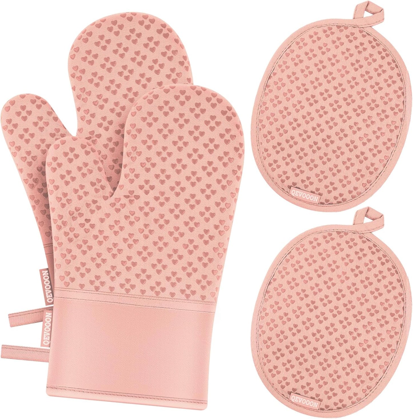 Oven Mitts and Pot Holders 4 Sets, Heat Resistant 500 ℉ Oven Mitt and Pot Holder,Oven Glove&Potholders with Non-Slip Silicone Surface,Kitchen Essentials for Cooking/Baking/BBQ-Pink