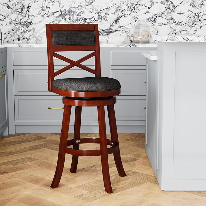 DTY Indoor Living Meeker X Back Fabric Swivel Stool, 30” Bar Height, Cherry Finish, Charcoal Fabric Seat