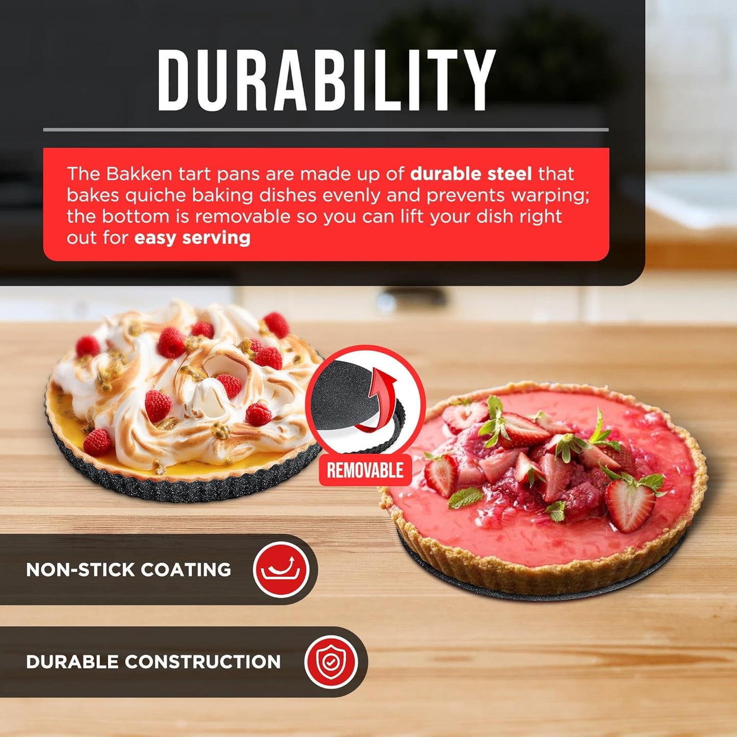 Tart Pan – Quick Release Removable Base, Non-Stick Fluted Edge, Durable Steel - Create Perfect Pies, Fruit Tarts, and Quiches with Ease