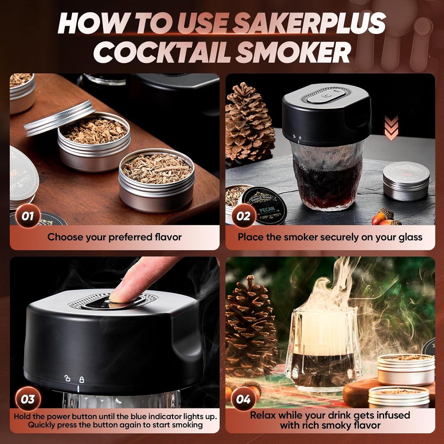 Electric Cocktail Smoker Kit Built-in Lighter, Old Fashioned Drink Smoker for Whiskey & Bourbon, Butane-Free with 6 Wood Chips, Gift Set for Men, Home Bar, Holidays, Christmas, Father's Day