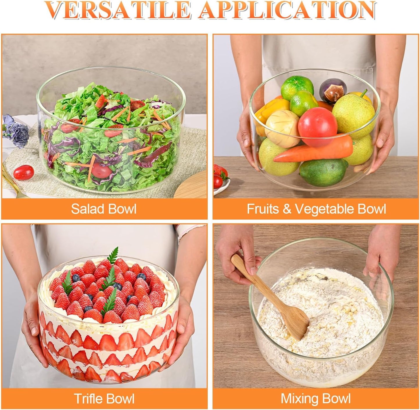 9 inch Large Salad and Trifle Bowl Glass with Lid, 155 oz Versatile Mixing and Serving Dish for Fruit, Laying Ice Cream, Cake, Cupcake, Baking, and Dessert, Microwave Safe