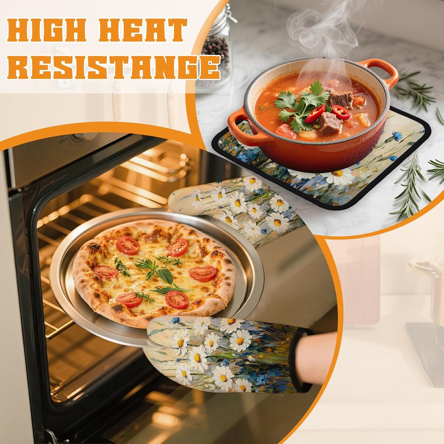 Vintage Daisy Flower Oven Mitts and Pot Holders,Heat Resistant Oven Mitts Gloves and Pot Holder for Home Kitchen Decorations Cooking Baking BBQ Gifts,Set of 4