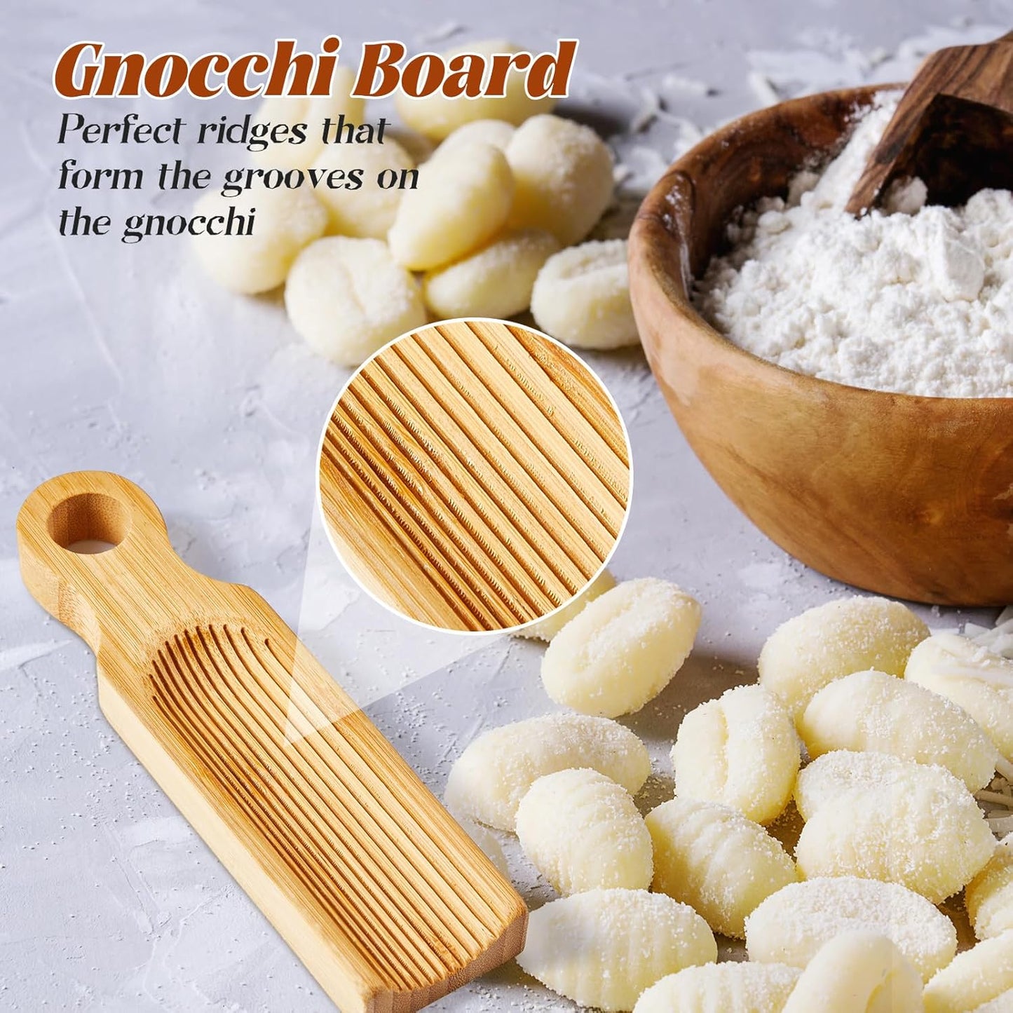 Tioncy 7 Pcs Gnocchi Pasta Making Tool, Wood Gnocchi Board with Ravioli Stamp and Rolling Pin Set Homemade Kitchen Gift for Baking Lovers(Curve Style)