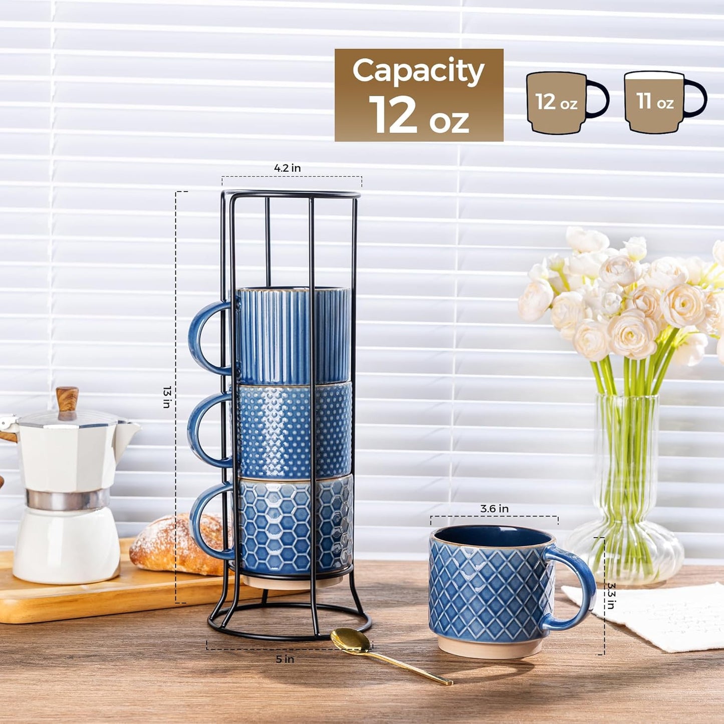 GBHOME 12OZ Stackable Coffee Mugs with Stand, Ceramic Coffee Mugs with Texture Patterns for Man,Woman,Dad,Mom, Modern Coffee Cups Set of 4 for Latte/Cappuccino/Cocoa. Dishwasher&Microwave Safe, Blue