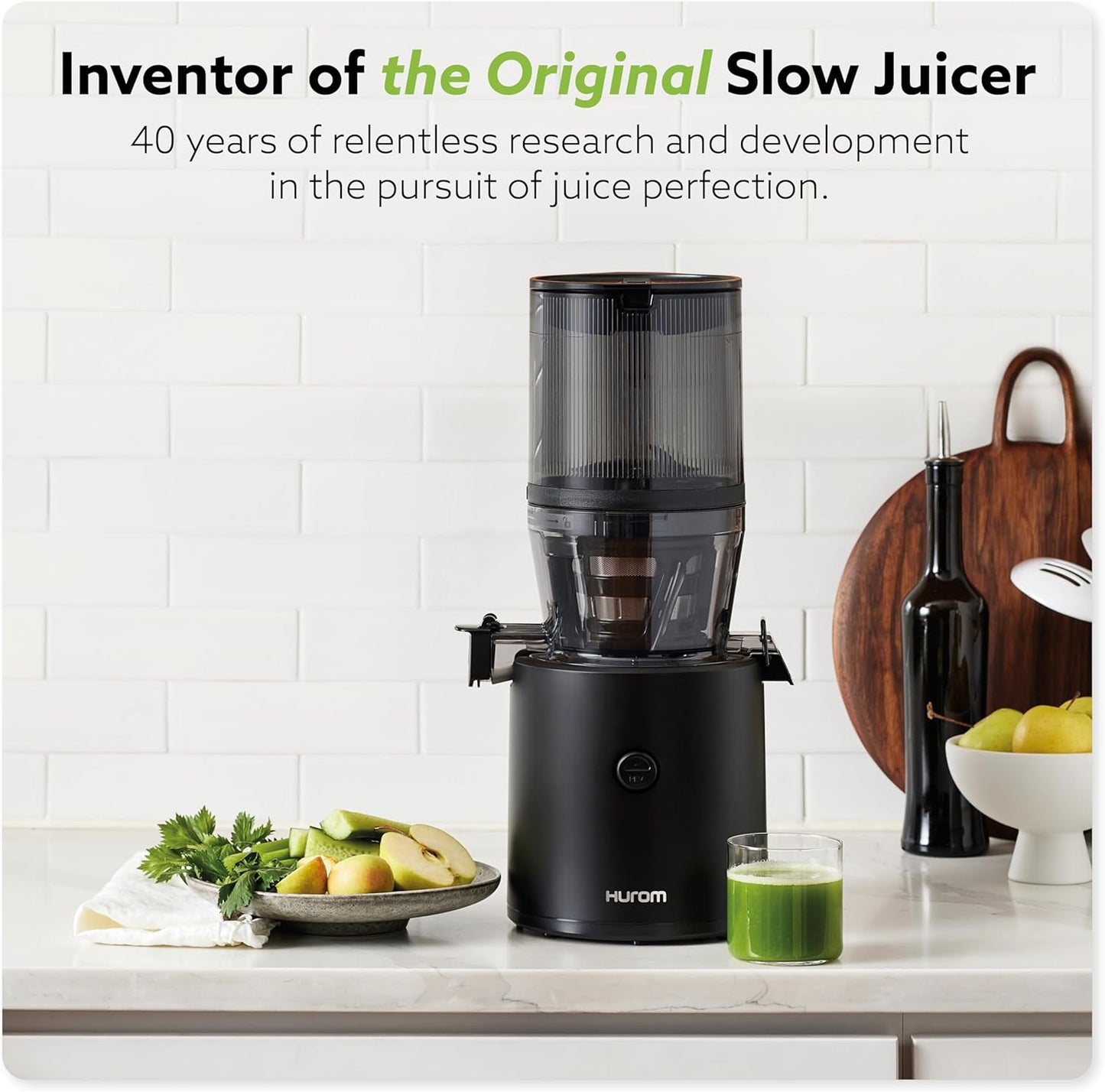 Hurom Black H320 Slow Juicer with German Steel Knife Set, Self-Feeding Cold Press Juice Machine, Corrosion-Resistant and Non-Stick Coated Blades, High Yield, BPA Free (500ml/ 16oz)