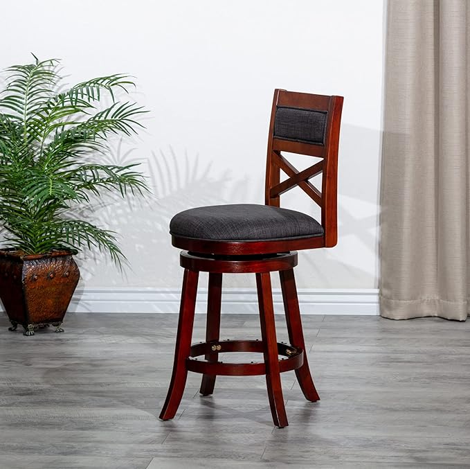 DTY Indoor Living Meeker X Back Fabric Swivel Stool, 30” Bar Height, Cherry Finish, Charcoal Fabric Seat