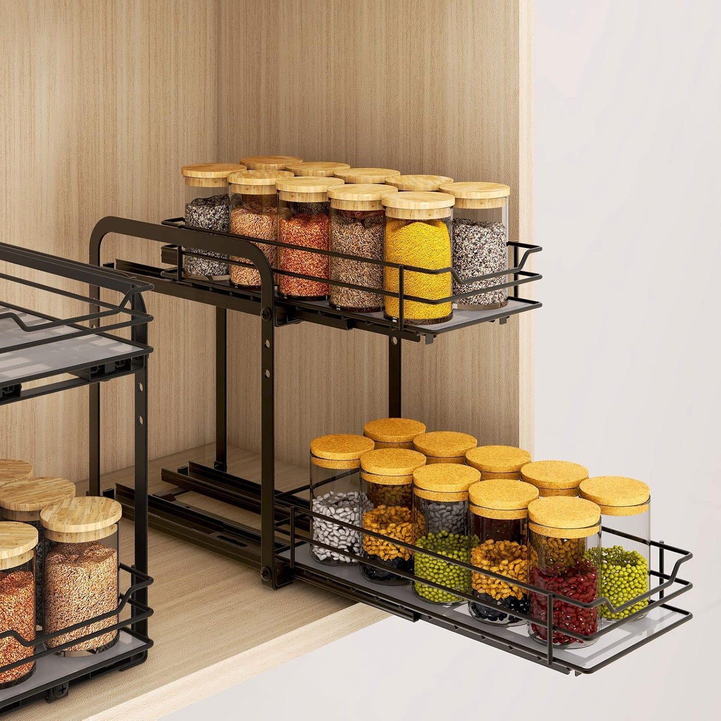 Spice Rack Organizer for Cabinet, 2 Tier Pull Out Spice Organizer for Cabinet Height Adjustable Heavy Duty Metal Basket for Inside Cabinets & Pantry Closet
