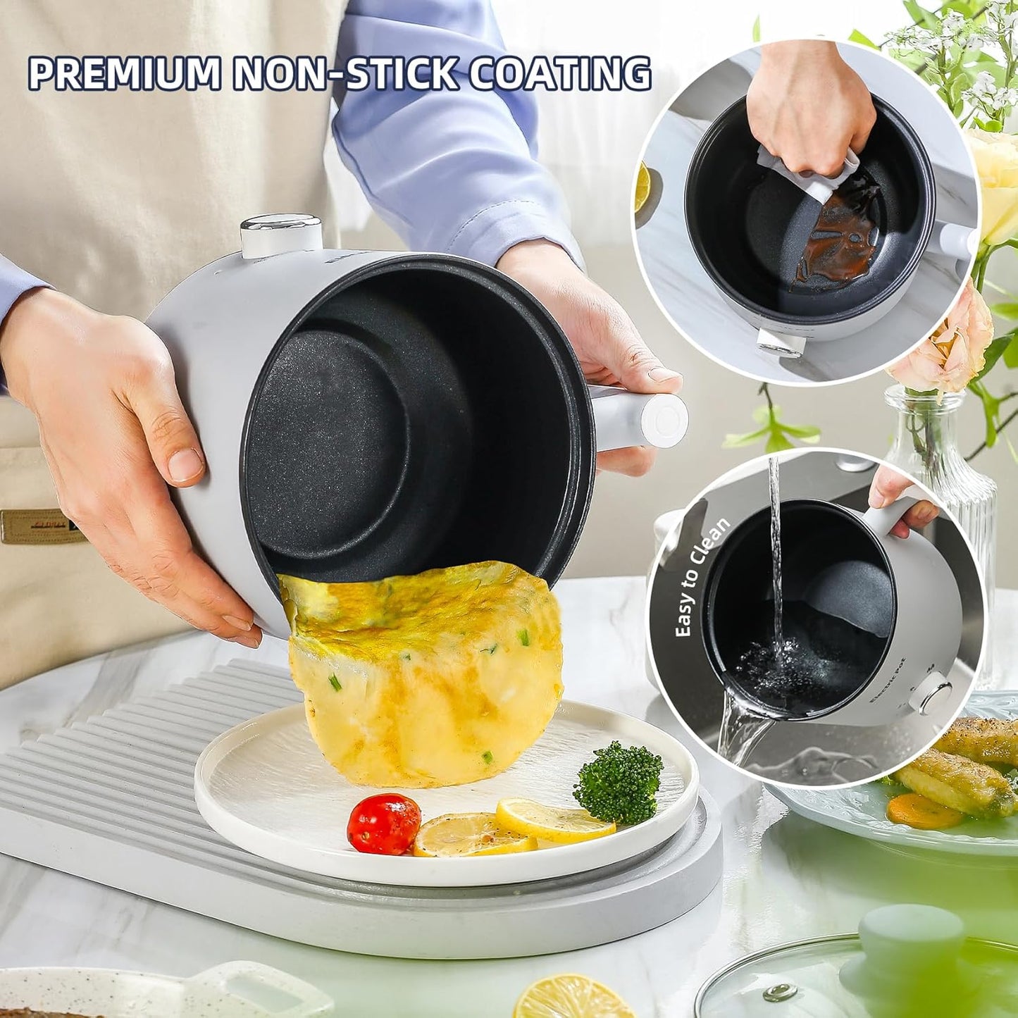Electric Hot Pot:1.5 L Ramen Cooker, Dual Power Mini Portable Multi-Functional Lazy Pot for Pasta, Noodles, Egg, Soup, Non-Stick Noodle Cooker with Boil Dry Protection for Dorm, Office (Grey)