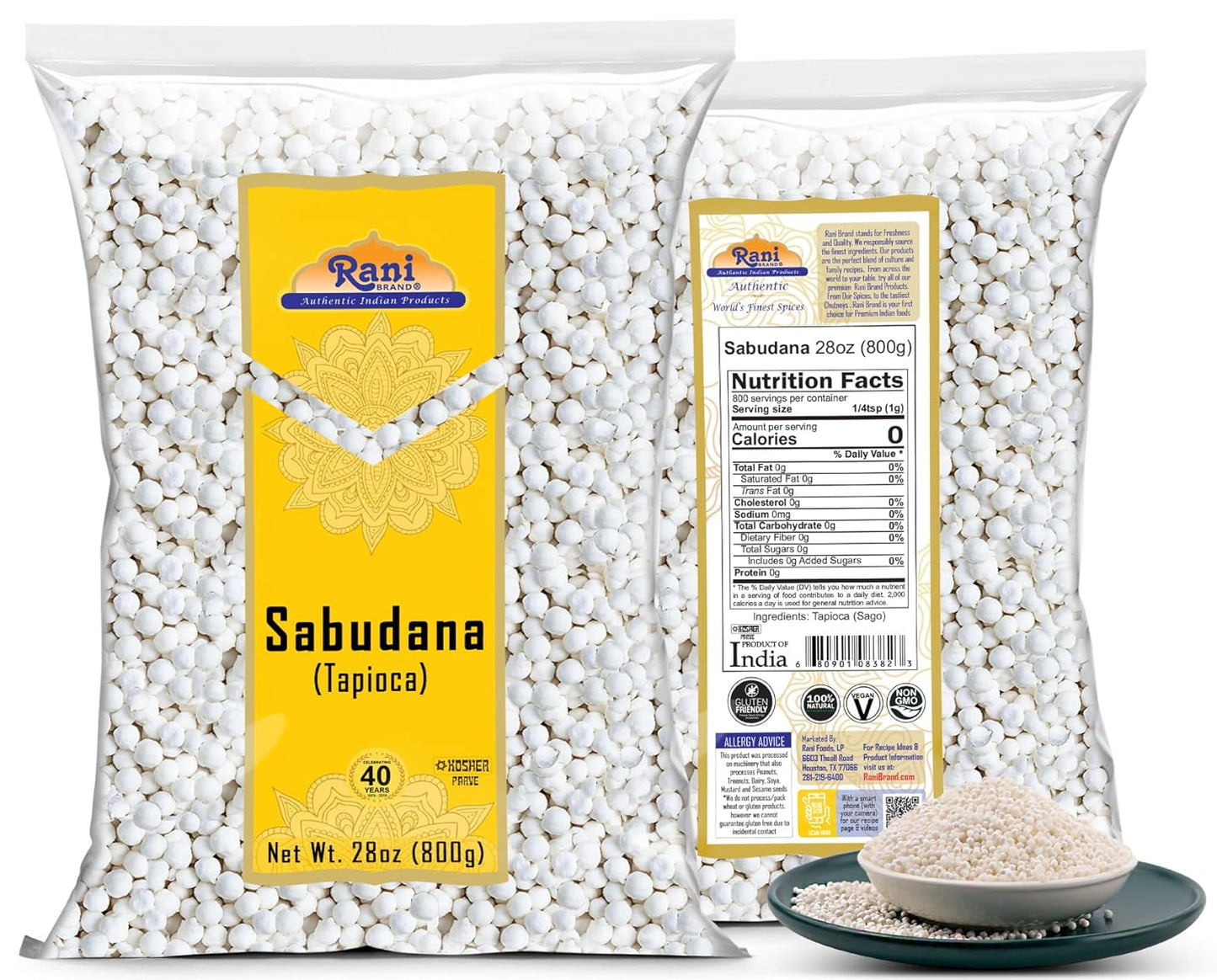 Rani Sabudana (Tapioca/Sago) Pearls 28oz (800g) ~ All Natural | Vegan | No Colors | NON-GMO | Indian Origin