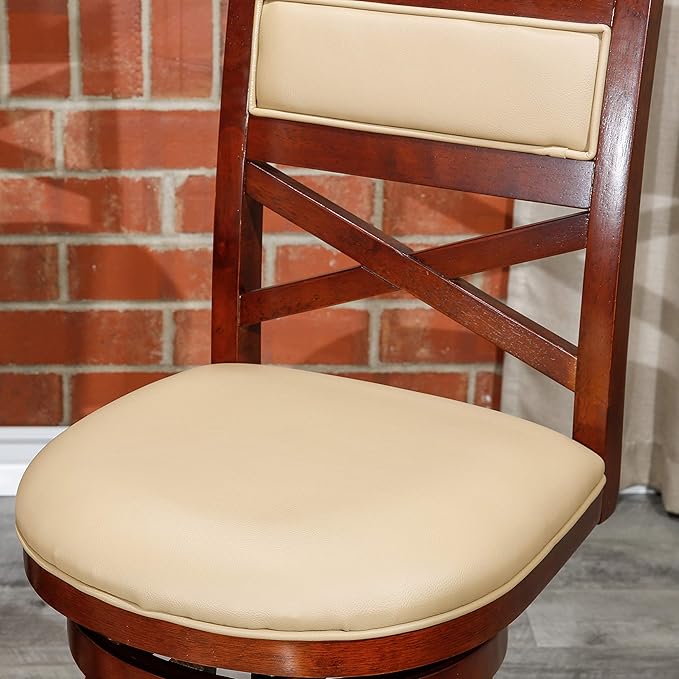 DTY Indoor Living Meeker 24 Inch Counter Height Bar Stools with Backs - Wooden Swivel Counter Stools for Kitchen Island - Bone Leather Seat, Solid Wood Frame, Cherry Finish