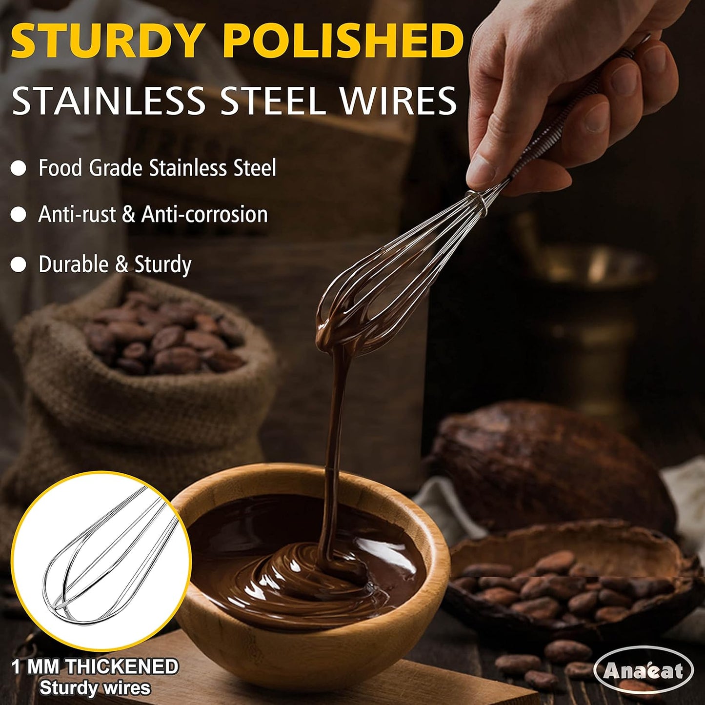 Anaeat Mini Wire Whisks, Set of 2 Portable Stainless Steel Kitchen Tiny Whisk & Egg Beater with Thick Wire - Sturdy Small Mixing Balloon for Cooking, Blending, Whiping, Beating and Stirring (5" + 7")