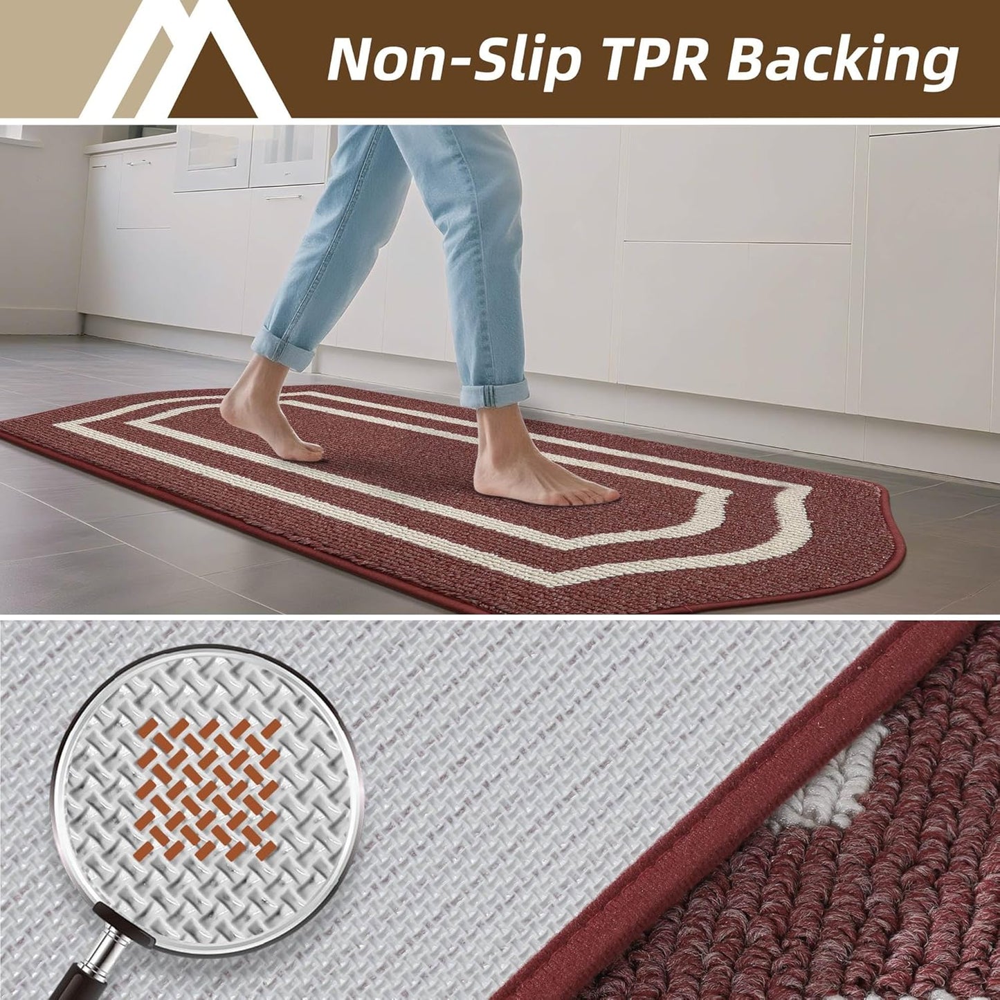 COSY HOMEER Long Kitchen Floor Mats for in Front of Sink Super Absorbent Kitchen Rugs and Mats 24"x48" Non-Skid Kitchen Mat Standing Mat Washable,Polypropylene,Red,Frame