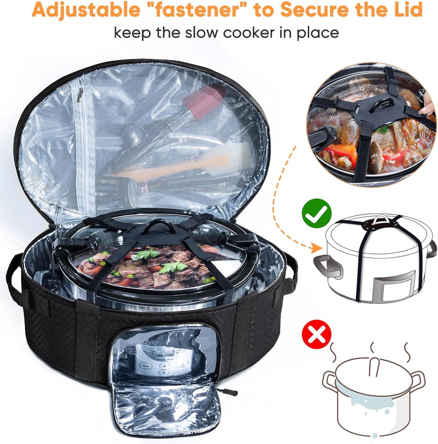 Insulated Slow Cooker Carrying Bag for 6-8 Quart CrockPot and Hamilton Beach Slow Cooker with See-thought Window, Portable Carrier Case with Adjustable Band and Accessory Pocket