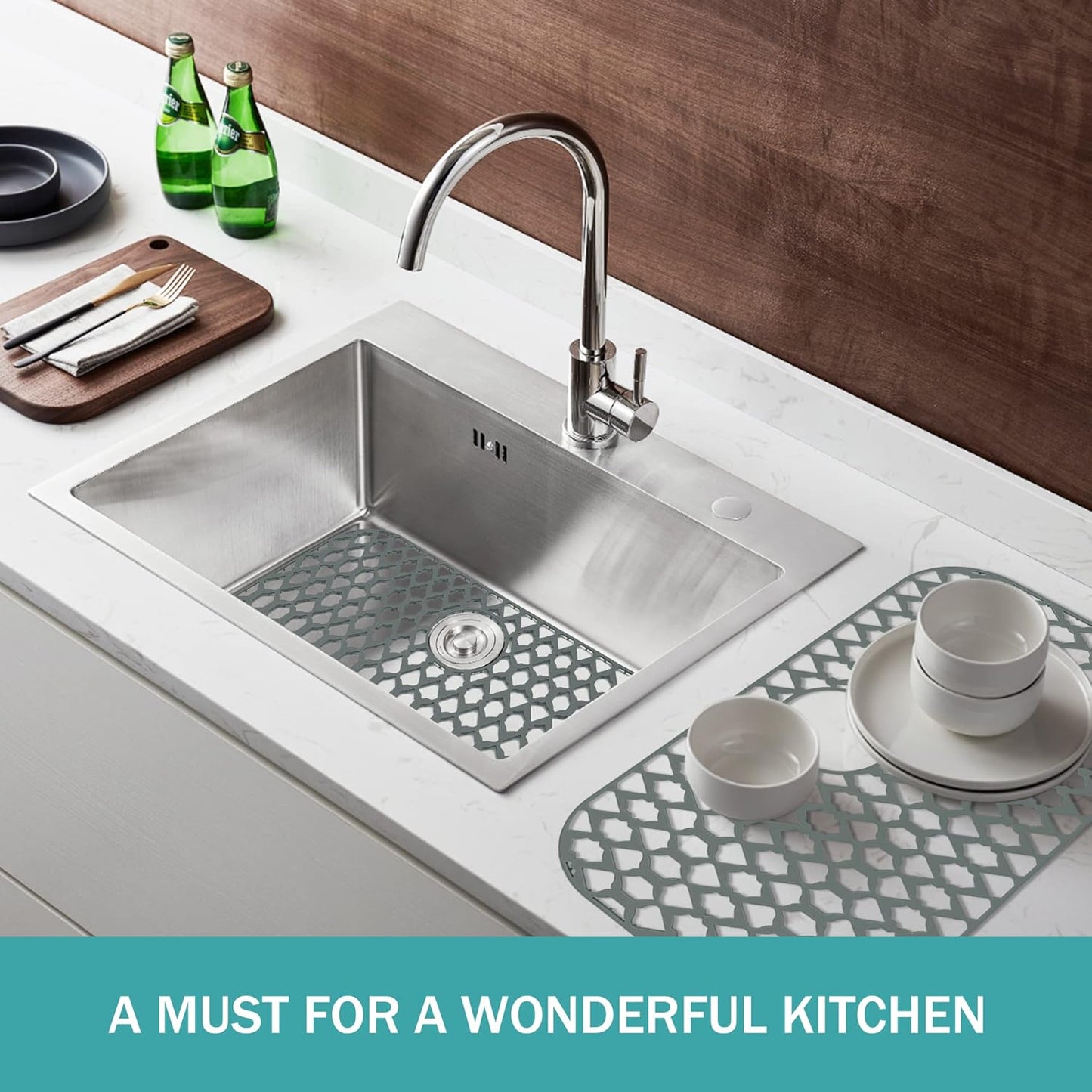 Sink Protectors for Bottom of Kitchen Sink 13x11 &16x12 &19x14 &21x16 &22x13 &24x13 &28x14 &30x16, Large Farmhouse Silicone Mats Grid (26”x14”, Rear Drain)