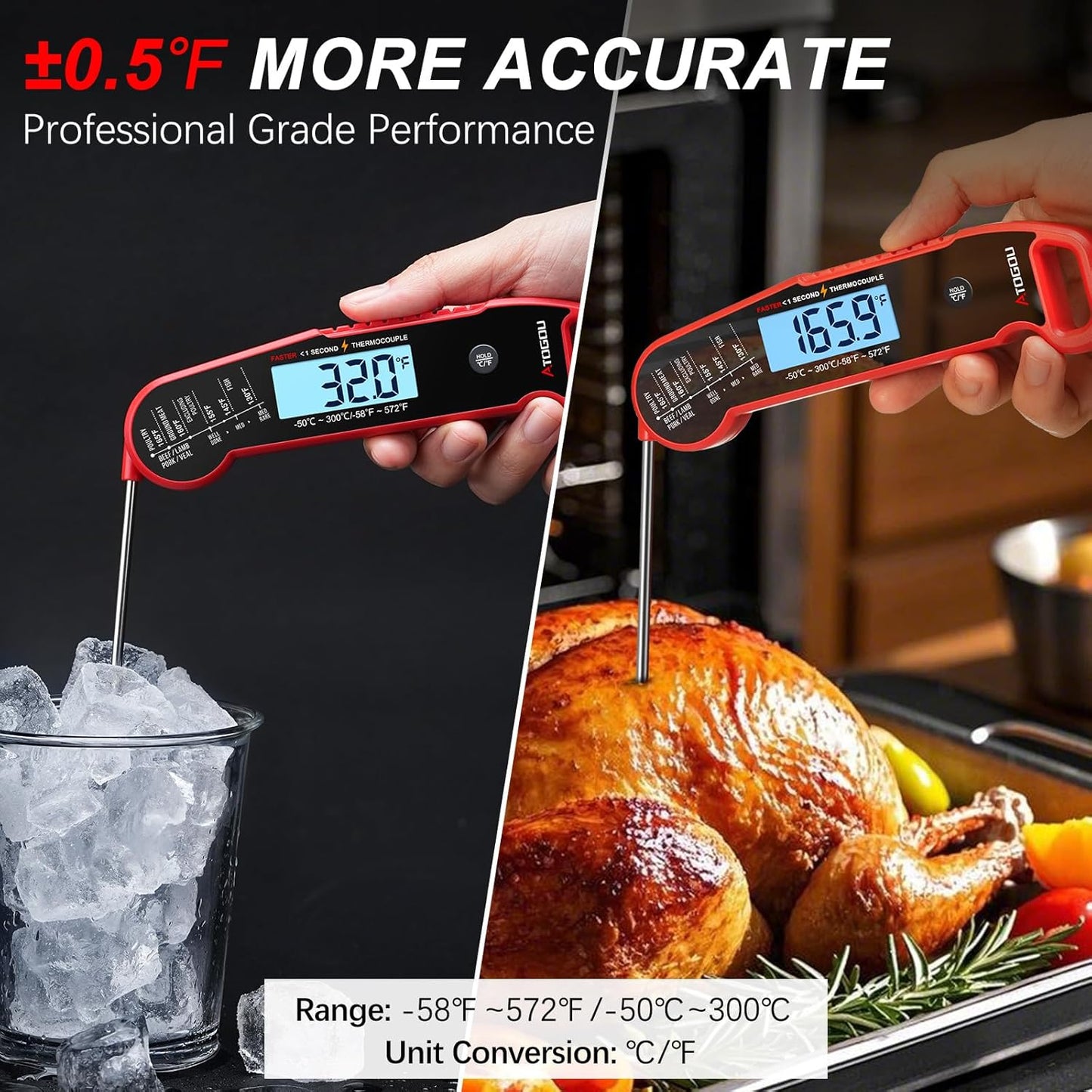 Professional Food & Meat Thermometer, 1 Sec Instant Read & ±0.5℉ Accuracy Driven by Thermocouple Sensor. IP67 Waterproof Digital Thermometer for Cooking, BBQ, Grill Gifts for Men Him Dad Birthday