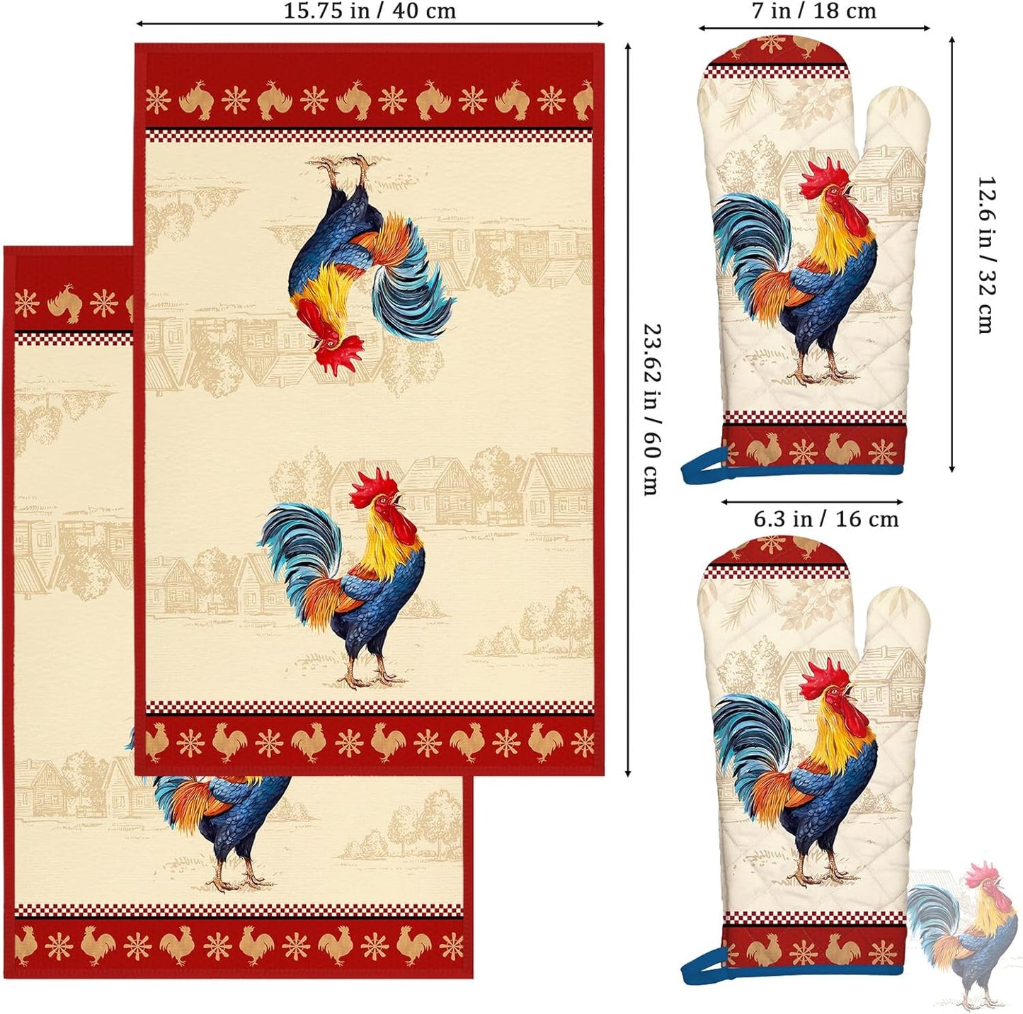 Farmhouse Rooster Kitchen Towels and Oven Mitts Set 4Pcs, Soft Absorbent Dish Cloth Heat Resistant Oven Gloves for Cooking Baking Kitchen Decoration, Gifts for Her
