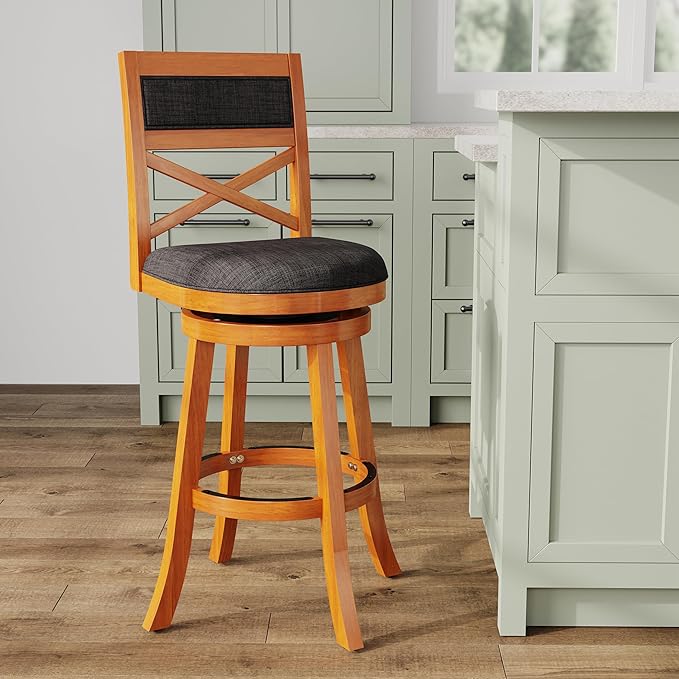 DTY Indoor Living Meeker X Back Fabric Swivel Stool, 30” Bar Height, Natural Finish, Charcoal Fabric Seat
