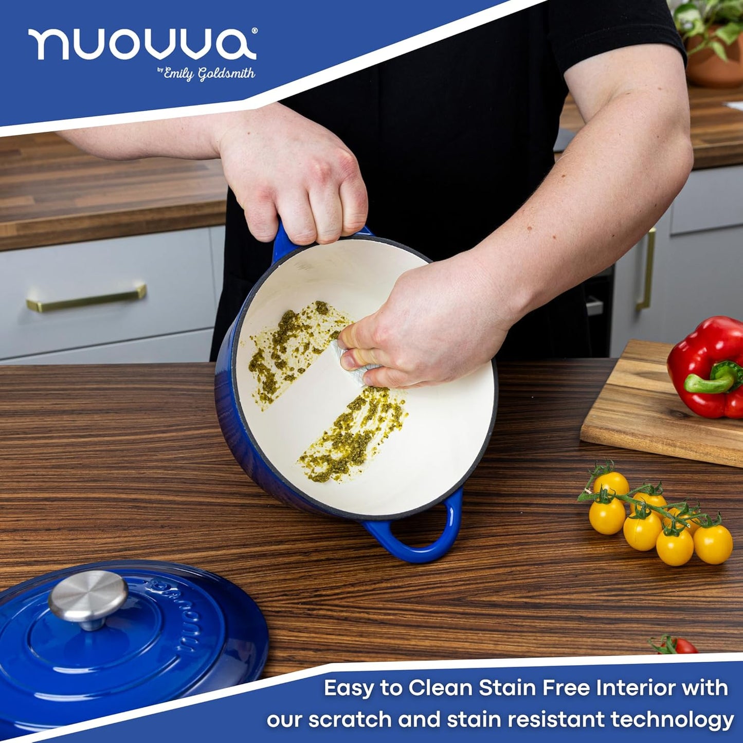 Cast Iron Dutch Oven with Lid – Non-Stick Ovenproof Enamelled Casserole Pot – Sturdy Dutch Oven Cookware – Dark Blue, 3.1-Quart, 22cm – by Nuovva