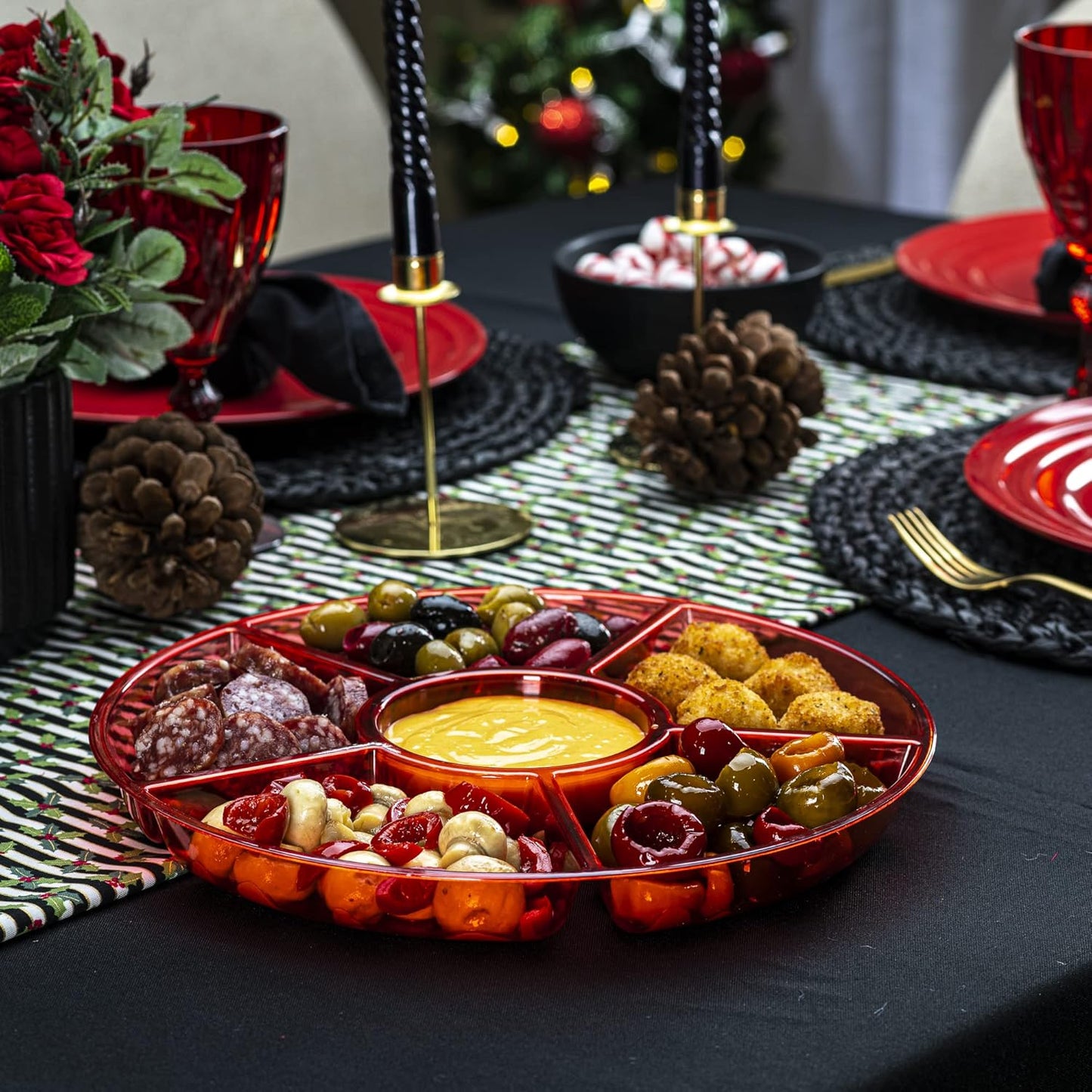 Plasticpro 6 Sectional Round Plastic Serving Tray/Platter (4, Red)