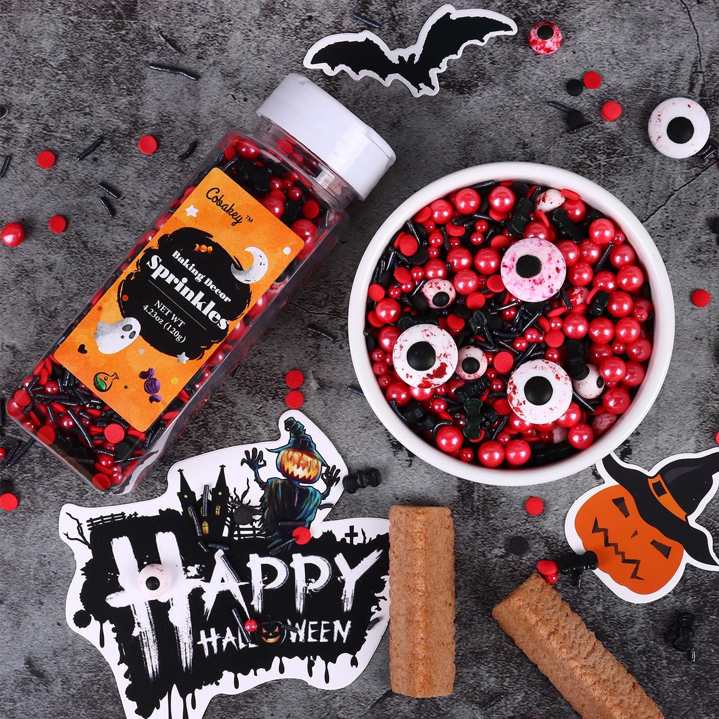 Halloween Sprinkles for Cake Decorating, Black & Red Pearl Sprinkles with Black Bats & Eyeball Candy, Perfect for Halloween Dessert Party 4.23 Ounce