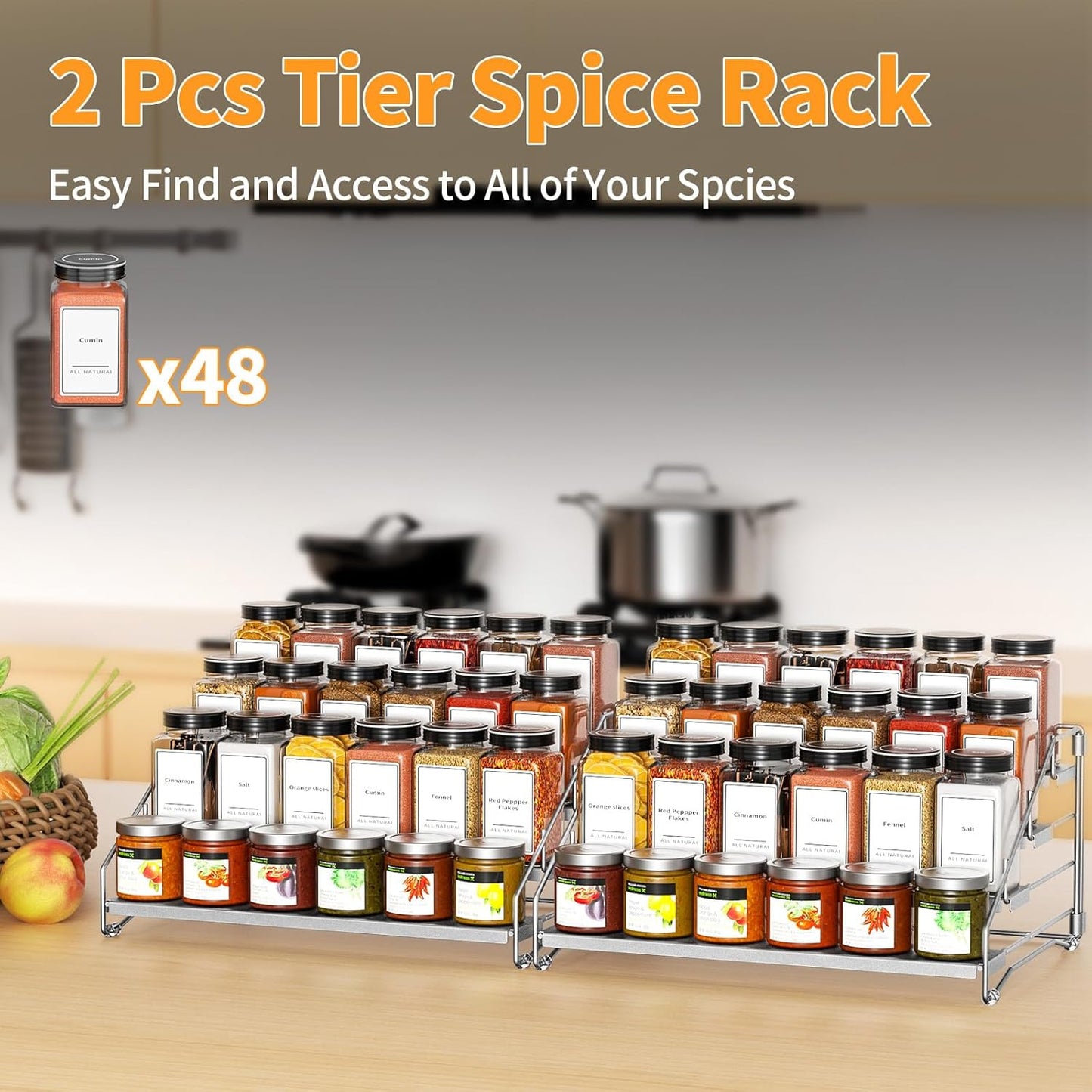 4 Tier Spice Rack Organizer for Cabinet, Spice Rack Organizer, Depth Adjustable Spice Organizer for Cabinet, Countertop, Cupboard, Pantry, Seasoning Shelf, Metal, Gray (2 Pack)