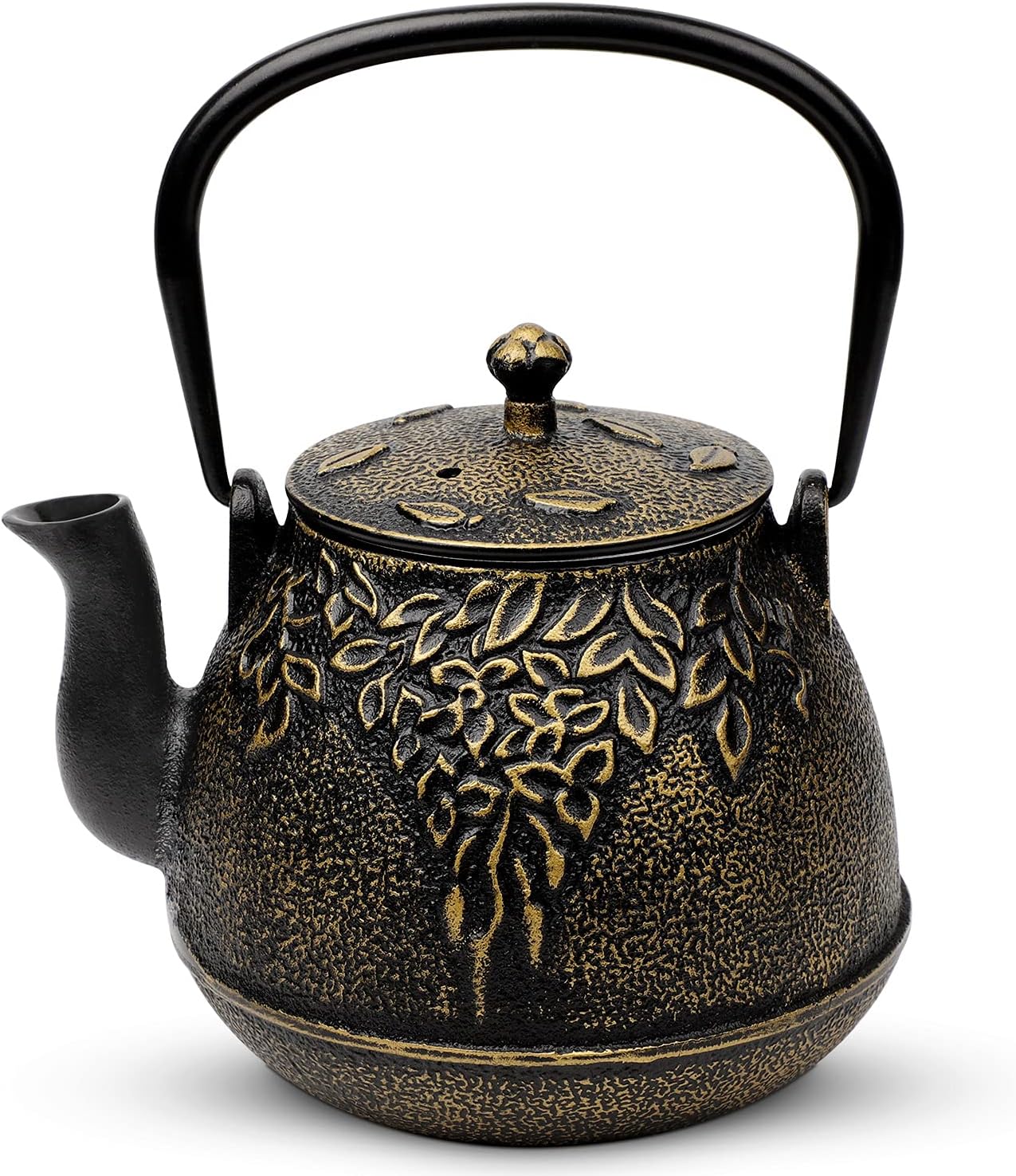 Tea Kettle, TOPTIER Japanese Cast Iron Tea Pot for Stove Top, Cast Iron Teapot Humidifier for Wood Stove, Leaf Design Tea Kettle Coated with Enameled Interior for 32 Ounce (950 ml), Black