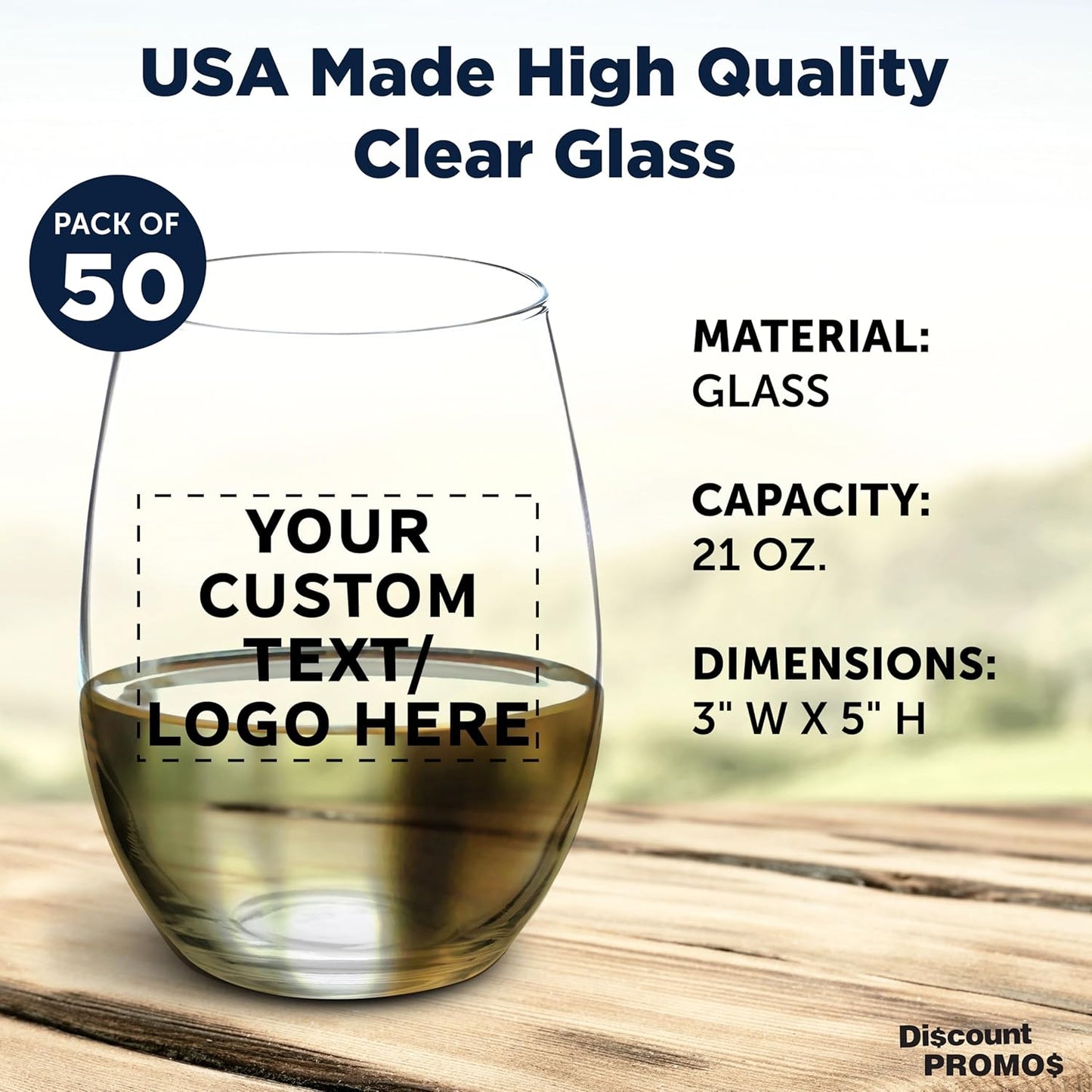 DISCOUNT PROMOS 50 ARC Stemless Wine Glasses Set, 21 oz. - Customizable Text, Logo - Chardonnay, Cabernet, Merlot, Sauvignon - Clear