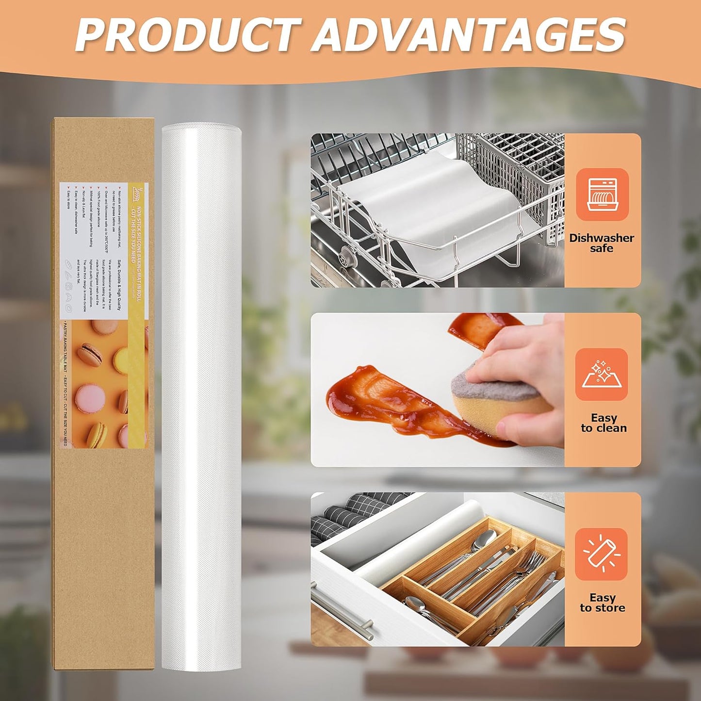 Silicone Baking Mat Roll, Non-Stick Heat Resistant Food Grade Baking Mats, Non-Slip Reusable Air Fryer Linner, Freeze Dryer Mat, Counter Mat, Oven Liner, Refrigerator Liners - 16IN x 10FT