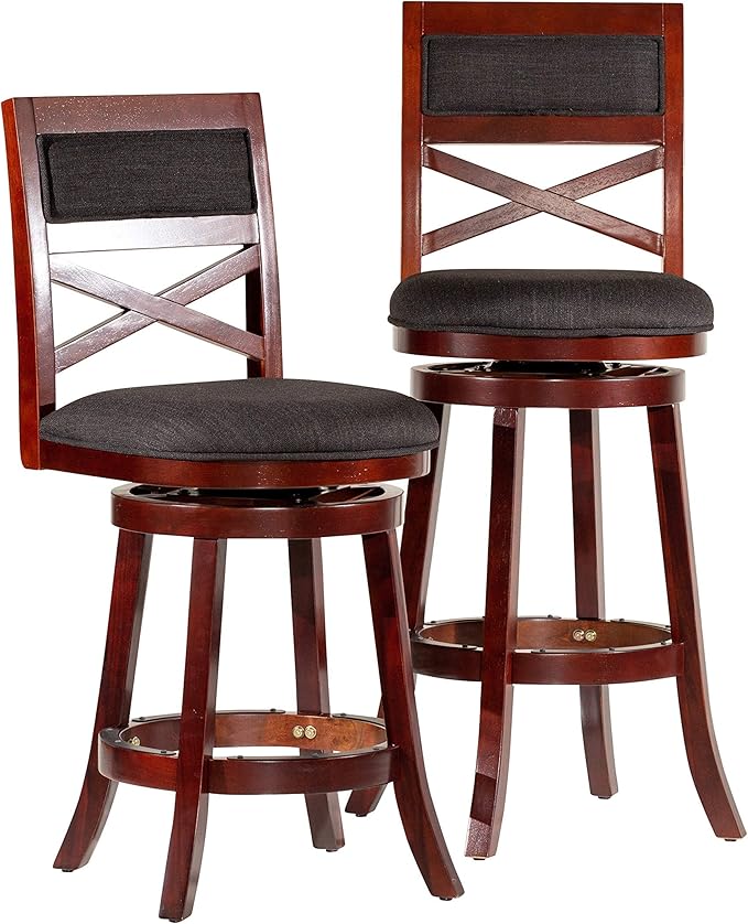 DTY Indoor Living Meeker X Back Fabric Swivel Stool, 30” Bar Height, Espresso Finish, Charcoal Fabric Seat