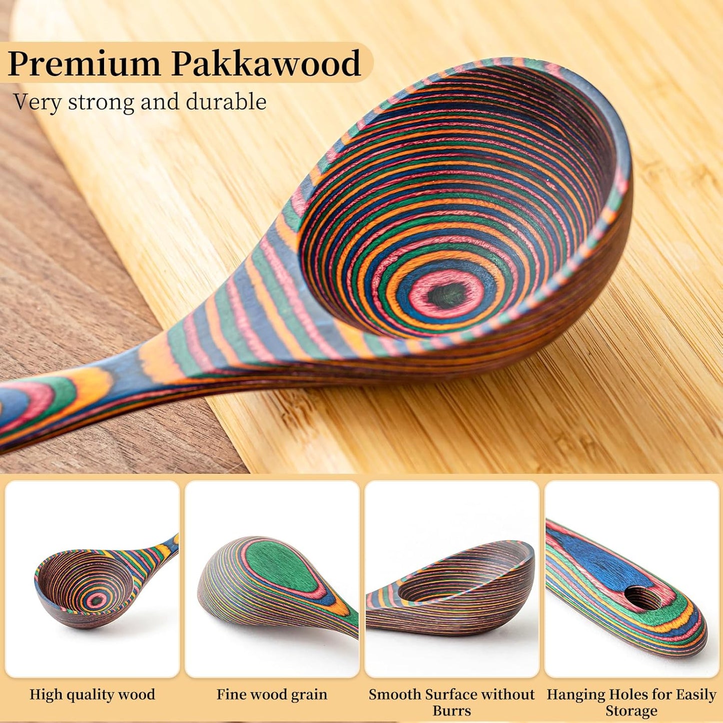 Gudamaye Pakkawood Rainbow Deep Soup Ladles,Pakkawood Ladle,10.6 inch Big Soup Ladle for Cooking,Deep Ladle Spoons,Wood Ladle, Wood Kitchen Utensils Set, Wooden Spoons for Cooking