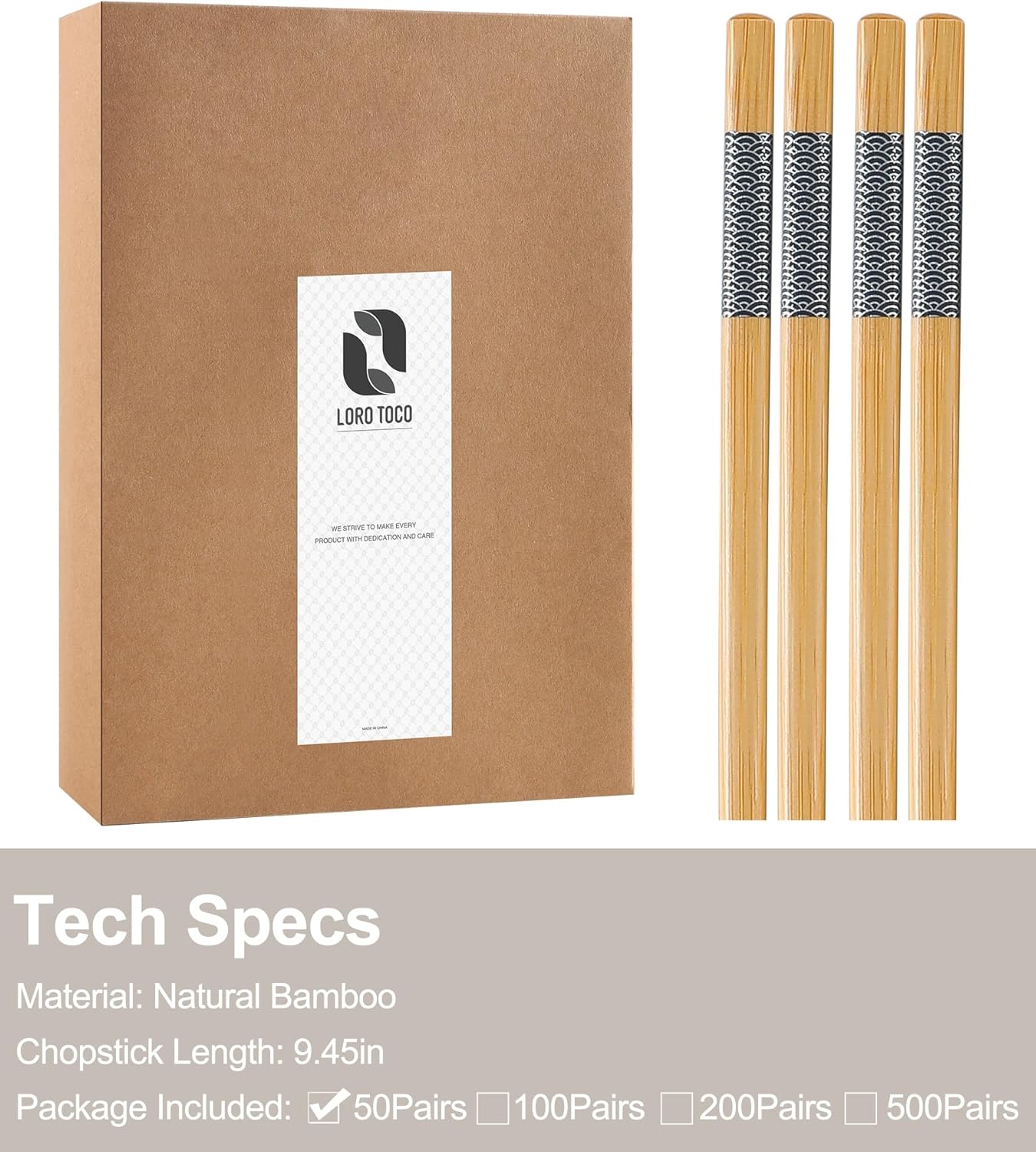 50 Pairs Bamboo Chopsticks Disposable | Separated | Reusable | Dishwasher Safe- （9.45in）