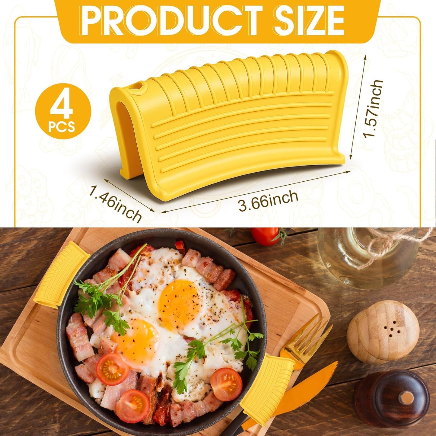 Patelai 4 Pcs Silicone Assist Hot Pan Handle Holder Pot Handle Covers for Cast Iron Skillets Holder Sleeve Nonslip Heat Resistant Pan Cover for Enameled Griddles Casserole Frying Cookware(Yellow)