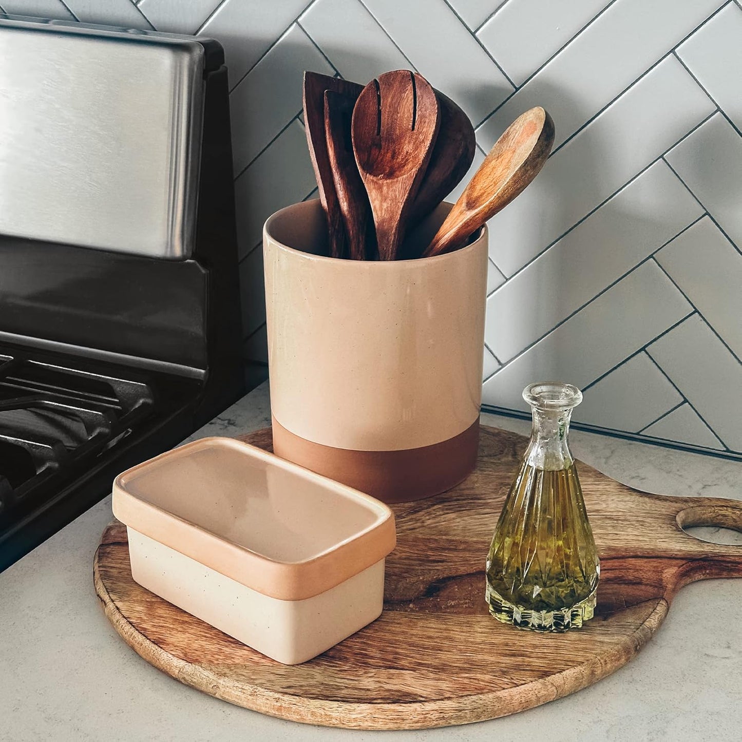 Mora Ceramic Two-in-One Butter Dish with Lid, Covered Butter Crock Container to Leave on Countertop - Large Storage Keeper/Holder for Kitchen, Gifts for Her, Butter Tray For Counter - Chai