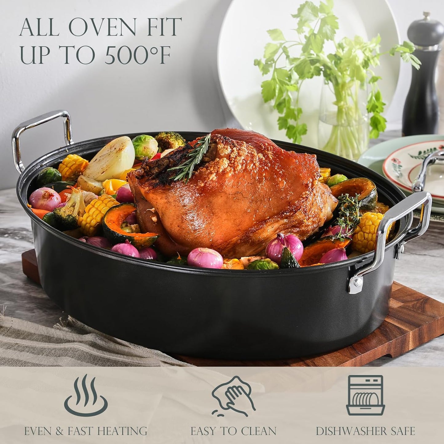KITESSENSU Extra Large Roasting Pan with Lid - Nonstick Turkey Roaster with Rack 18 x 14 Inch - Heavy Duty Covered Roasting Pot for Oven, Dishwasher Safe, Gray