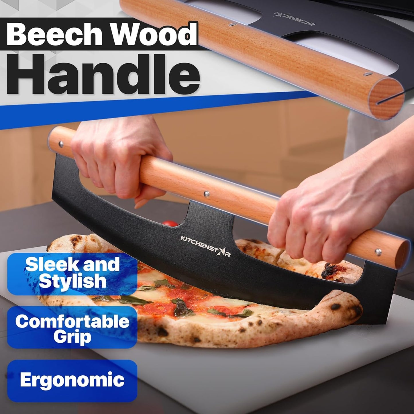 KitchenStar 16-Inch Pizza Cutter Rocker Blade - Razor Sharp Stainless Steel Slicer Knife, Stylish Beech Wood Handle, Protective Cover - Professional Pizza Oven Accessories, Black