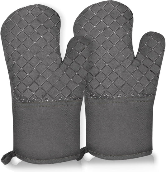 2 Pcs Oven Mitts Heat Resistant for Kitchen, Kitchen Oven Gloves, Long Oven Mitts and Pot Holder with Non-Slip Silicone Stripe Soft Cotton Lining, Silicone Oven Mitts for Cooking Baking BBQ Dark Grey