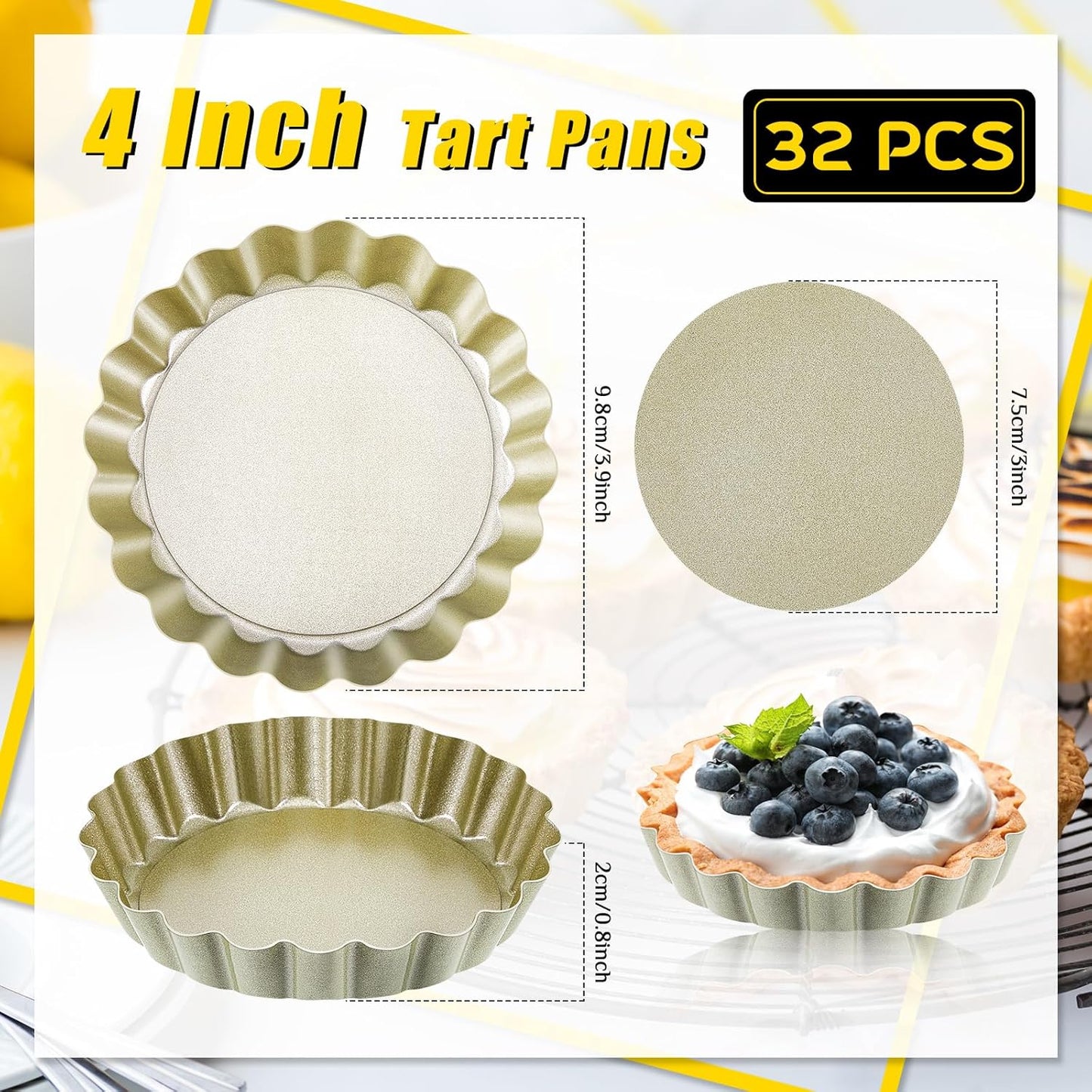 Uiifan 32 Pcs Mini Tart Pans Egg Tart Molds with Removable Bottom Round Nonstick Quiche Pan Mini Pie Pans Small Bakeware Mold Fluted Side for Mousse Cake Dessert Baking(4 Inch,Gold)