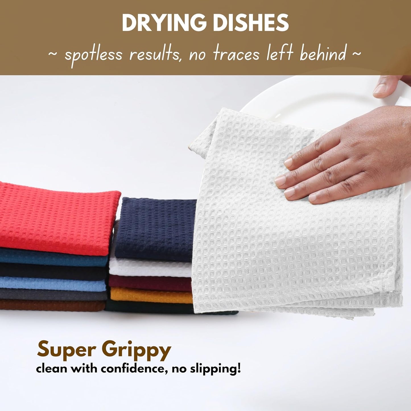 Native Fab Cotton Kitchen Towel with Hanging Loop 16x26 inches, 12-Pack, Waffle Weave Kitchen Towels for Cleaning Drying, Washcloths Soft & Absorbent Cloth Rags, Bar Towel, Dish Cloth, White