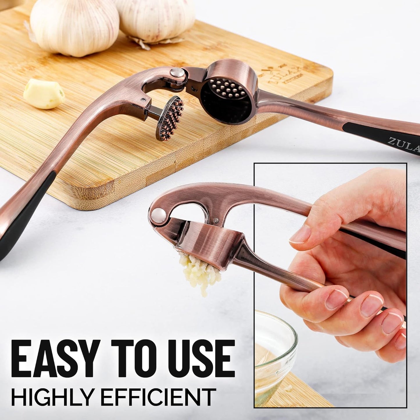Zulay Kitchen Premium Garlic Press Set - Rust Proof & Dishwasher Safe Professional Garlic Mincer Tool - Easy-Squeeze, Easy-Clean with Soft, Ergonomic Handle - Silicone Garlic Peeler & Brush (Copper)