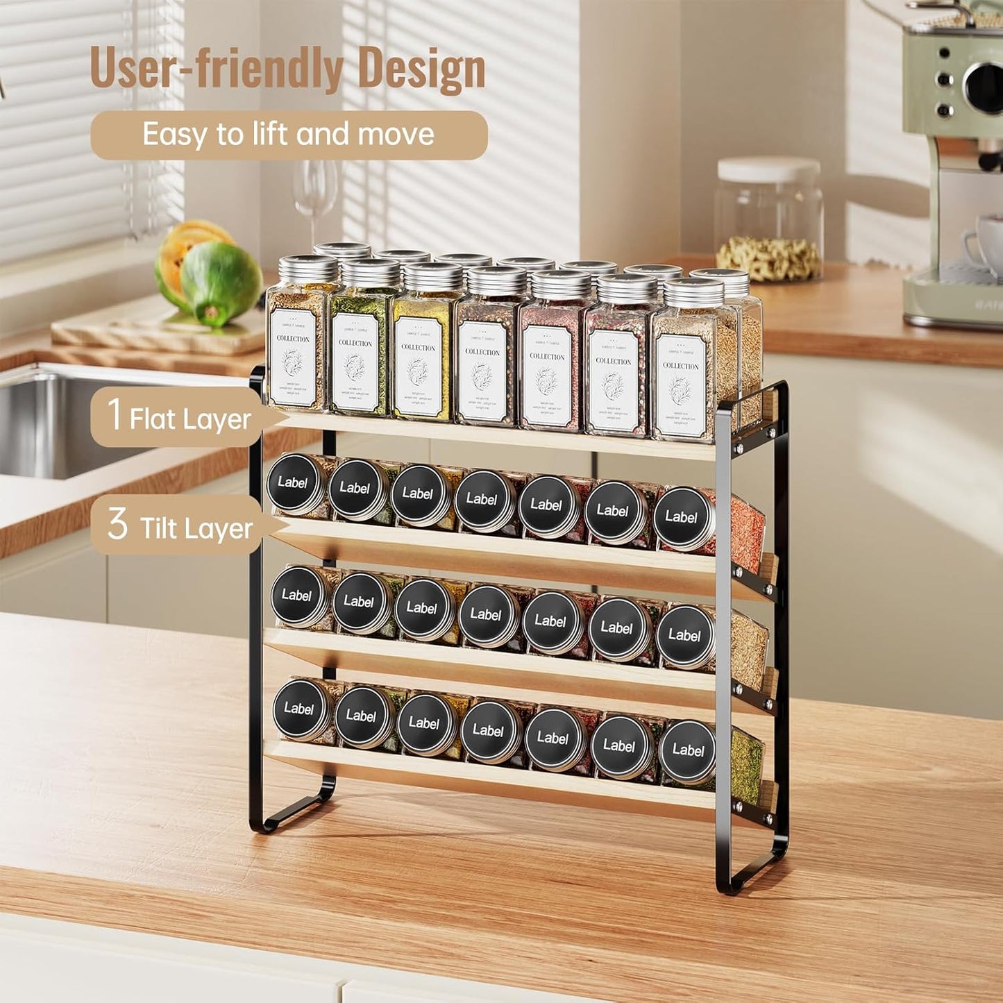 MUDEELA 4 Tier Spice Rack Organizer for Cabinet, Wooden Vertical Spice Shelf, Seasoning Organizer for Countertop, Kitchen, Pantry, Freestanding, 13.4" W × 11.2" H (No Jars Included), Black