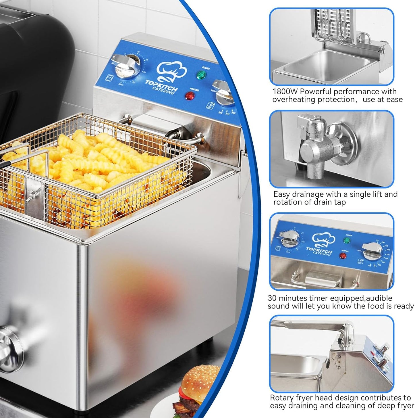 6.3Qt Electric Fryer with Oil Drain,30 Minutes Timer,Stretch forming oil tank,Lid and Solid Wire Mesh Basket,Light Duty Commercial Electric Countertop Deep Fryers-120V,1800W