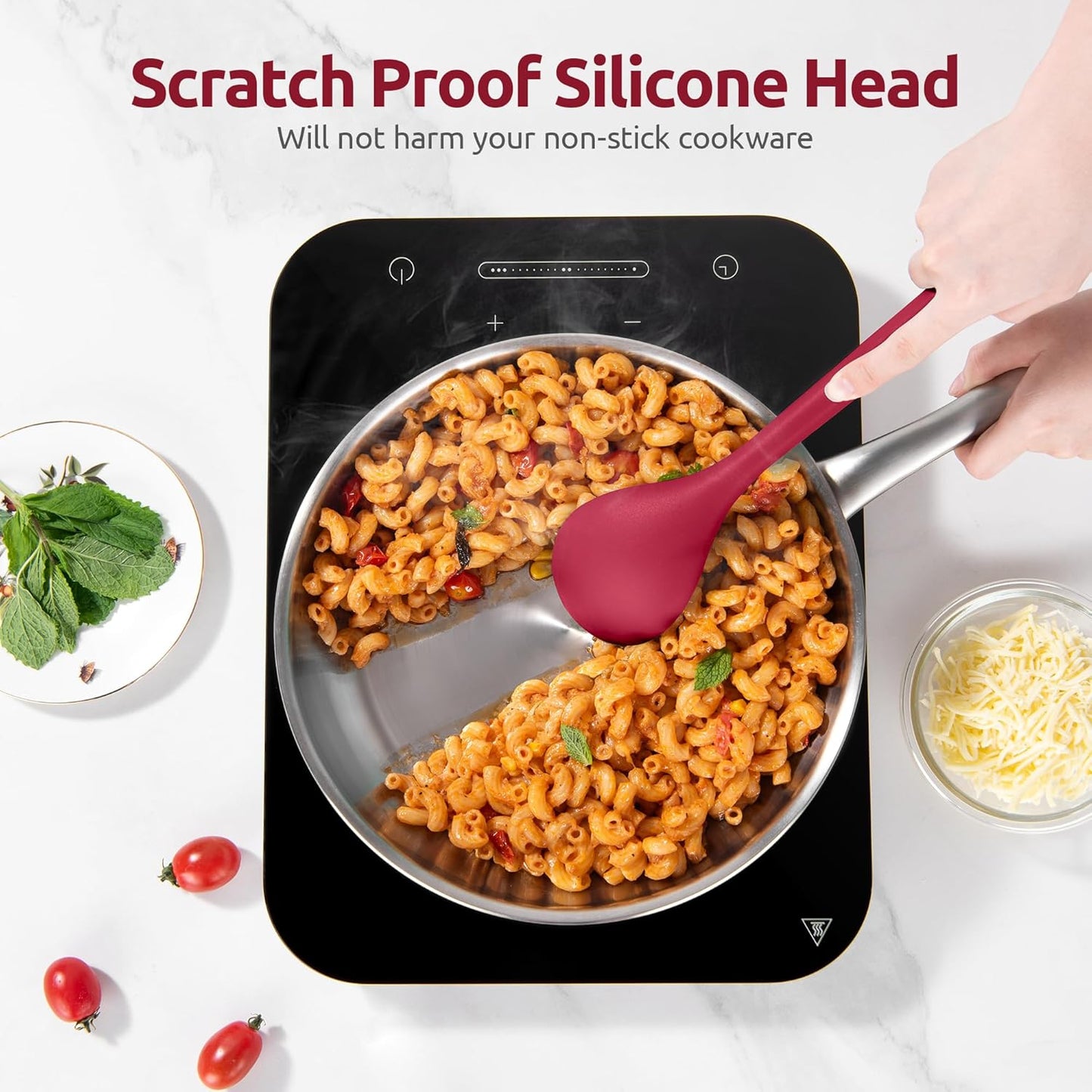 Silicone Kitchen Cooking Utensil Set: U-Taste High Heat Resistant 13.6in Long Kitchen Gadgets, BPA Free Non Stick Rubber Cook Accessories For Stir Frying, Serving, Basting, Mixing (5 Pieces, Red)