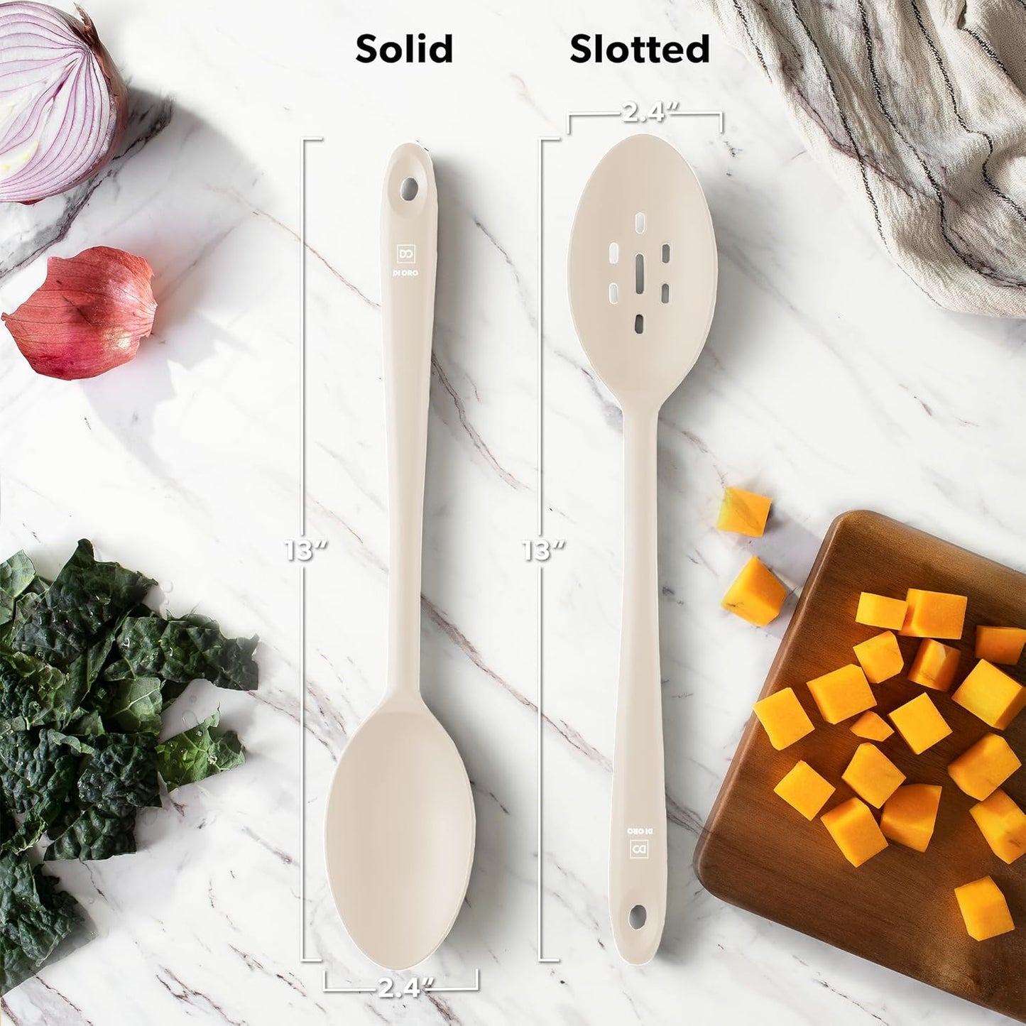 DI ORO Silicone Spoons for Cooking - Large Kitchen Spoons for Mixing, Serving, & Stirring - 600°F Heat-Resistant Non Stick Utensils – Big Solid & Slotted Basting Spoons - Dishwasher Safe (2pc, Clay)