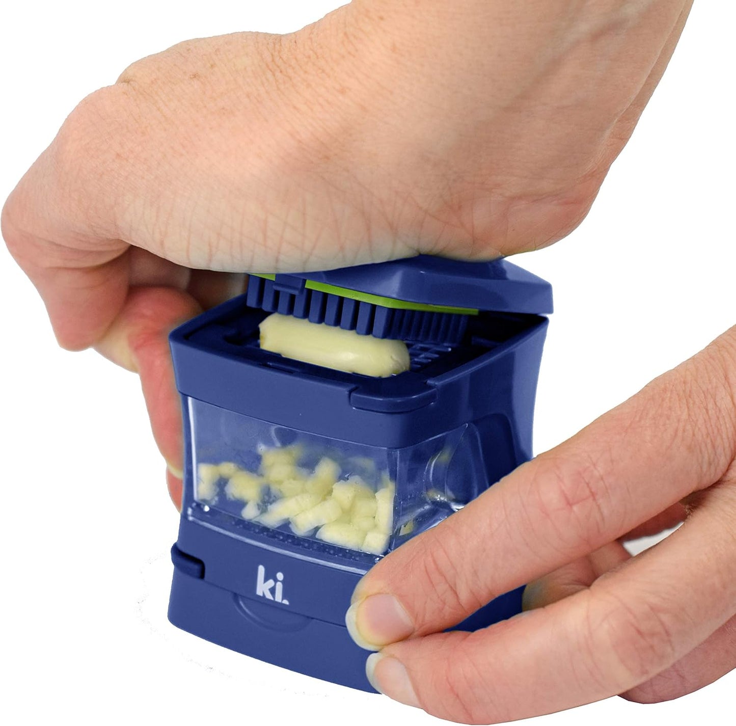 Garlic-A-Peel Garlic Press, Crusher, Cutter, Mincer, and Storage Container - Includes Silicone Garlic Peeler - Easy to Clean - Stainless Steel Blades – (Blue), standard