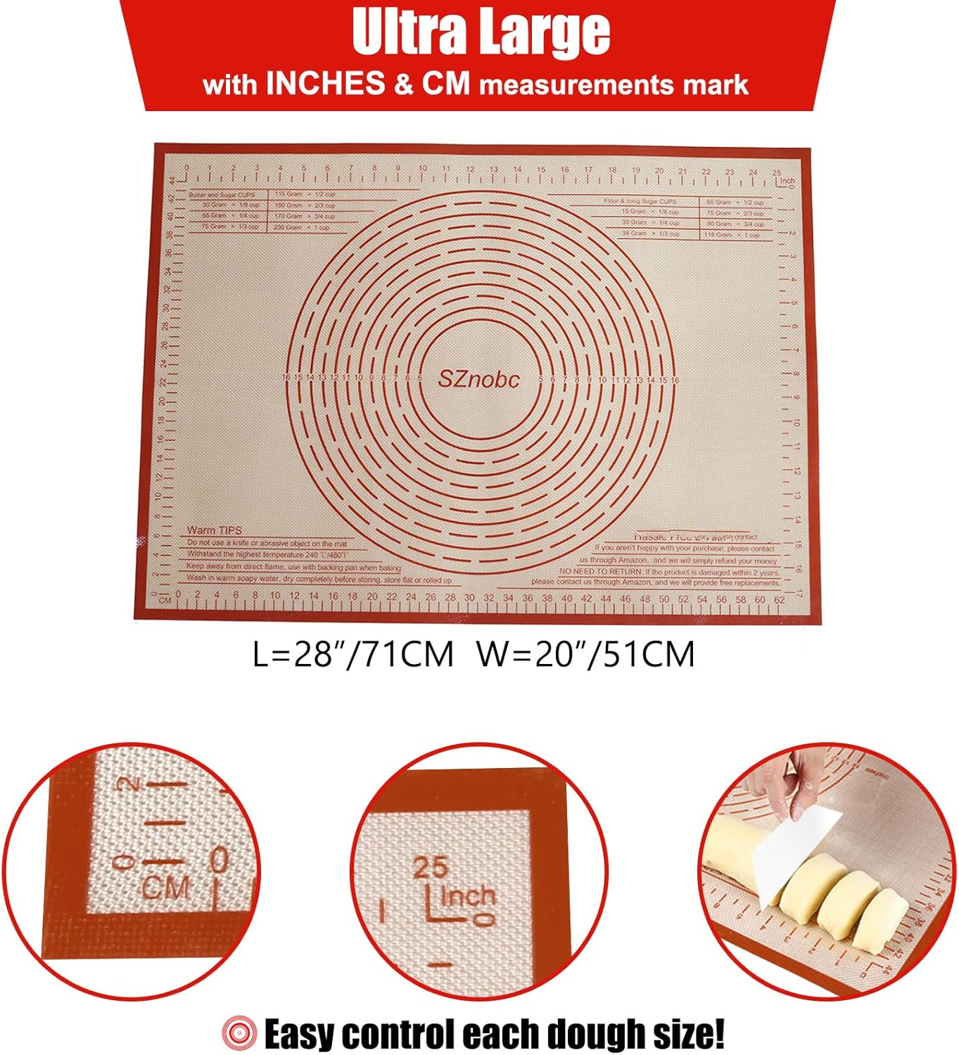 Non-slip Silicone Pastry Mat 28X20 inches Baking Mat with Measurement, Perfect for Dough, Pastry, Pie Crust, Fondant, Cookies, Bread, Pasta, Pizza, Food Grade Kitchen Counter Mats