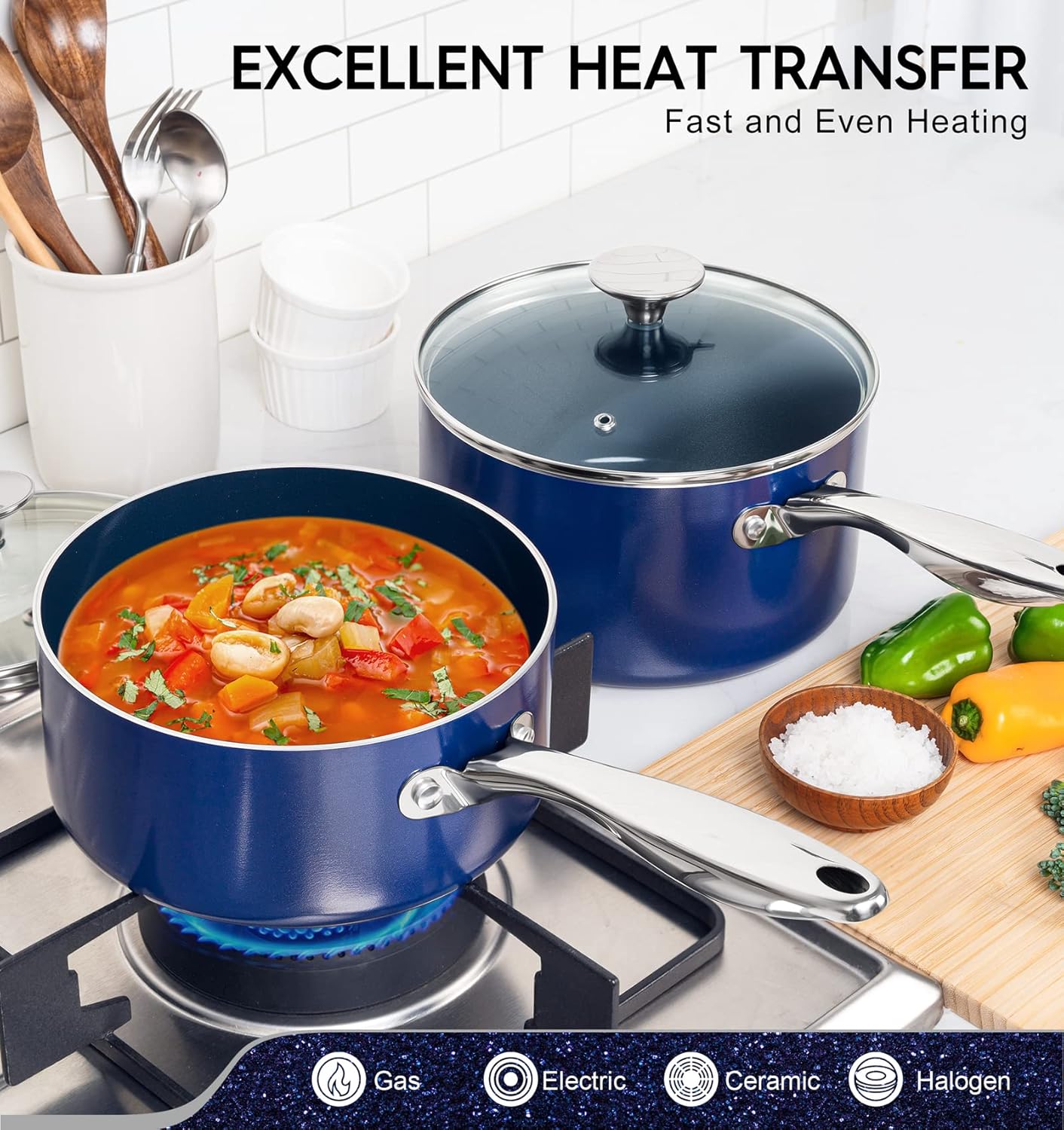 MICHELANGELO 1 Quart Saucepan with Lid, Nonstick Ceramic Sauce Pan with Stainless Steel Handle, 1 Qt Saucepan with Lid Oven Safe, Blue