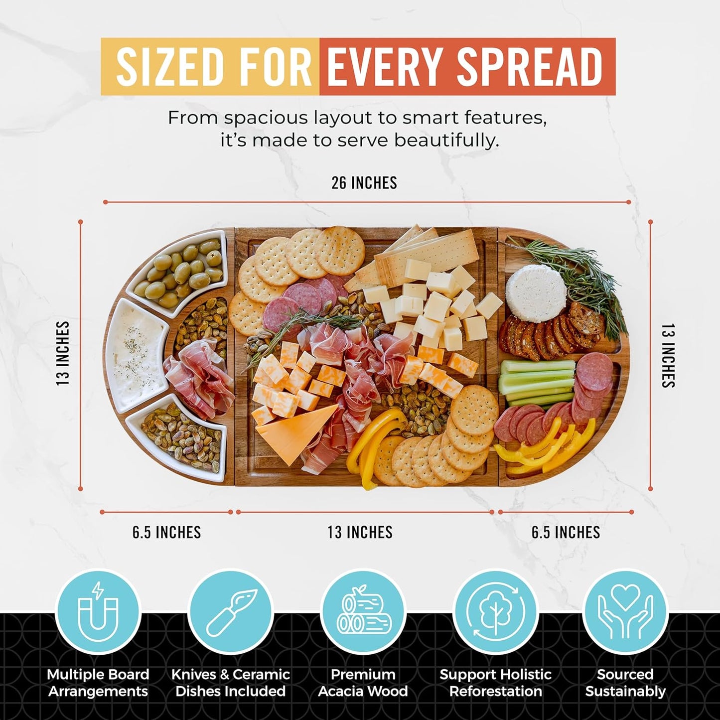 Large Wooden Charcuterie Board Set (Oil Finish) - 3-Piece Magnetic Long Serving Board Tray with Charcuterie Accessories - Acacia Wood Cheese Platter with Cheese Knife Set & Ceramic Dishes - Brown