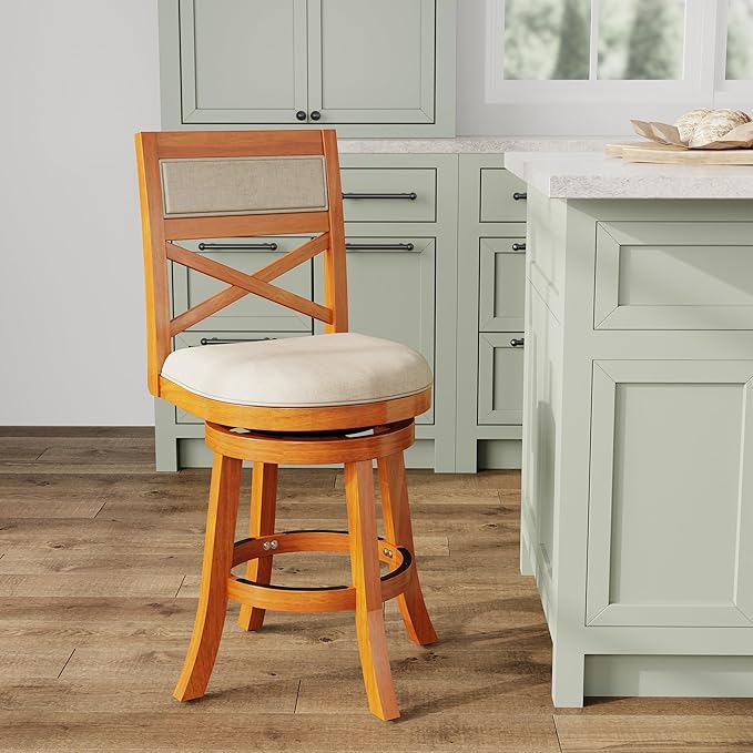 DTY Indoor Living Meeker 24 Inch Counter Height Bar Stools with Backs - Wooden Swivel Counter Stools for Kitchen Island - Beige Fabric Seat, Solid Wood Frame, Natural Finish